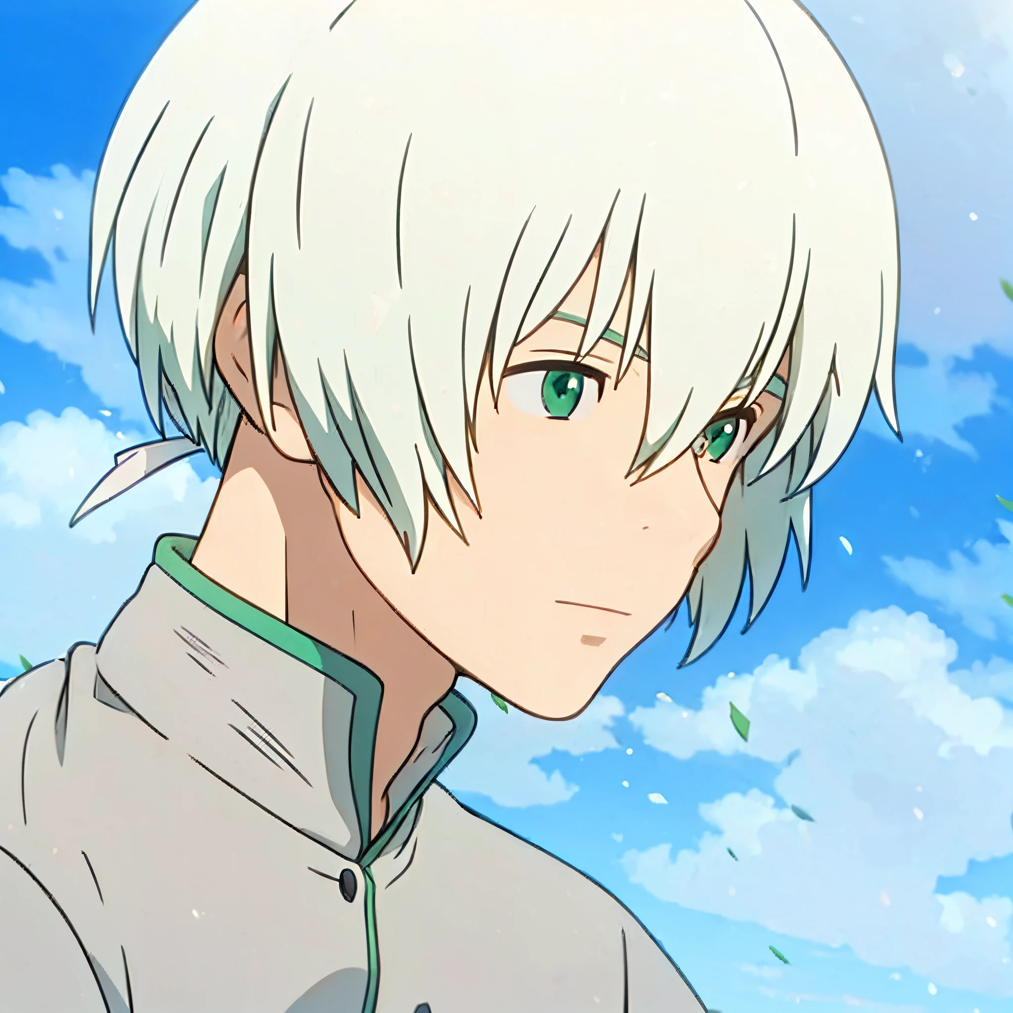 1boy, male focus, solo, ((green eyes)), white hair, blue sky, depth of field, outdoors, closed mouth, eyebrows visible through hair, hair between eyes, hayao miyazaki, ((masterpiece)), best quality, high detailed illustration, high detailed background, hi-res