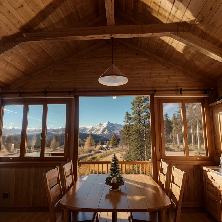 Image réaliste, paysage enneigé que l’on voit à travers la fenêtre d’un joli chalet. Décoré pour Noël
