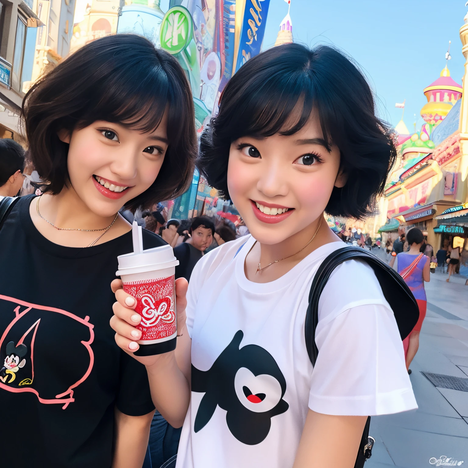 disney pixar illustration。Two girls taking a selfie on the street。The girl on the left has a bouncy bob and is wearing a black T-shirt.。The girl on the right is wearing a matching white T-shirt with a curled bob.。