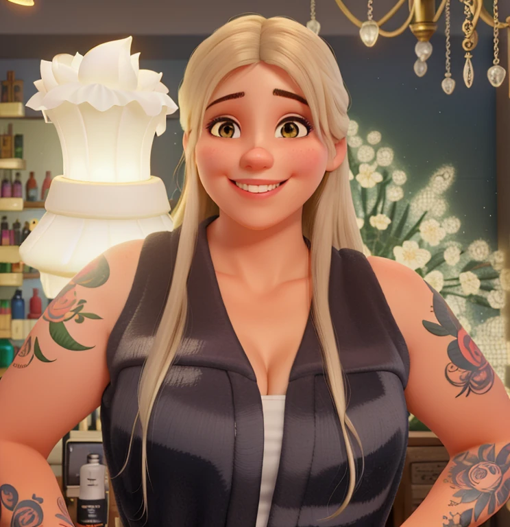 Uma mulher loira sorrindo, parado para uma foto, illuminated by the light of a lamp, Set against the backdrop of a beauty salon