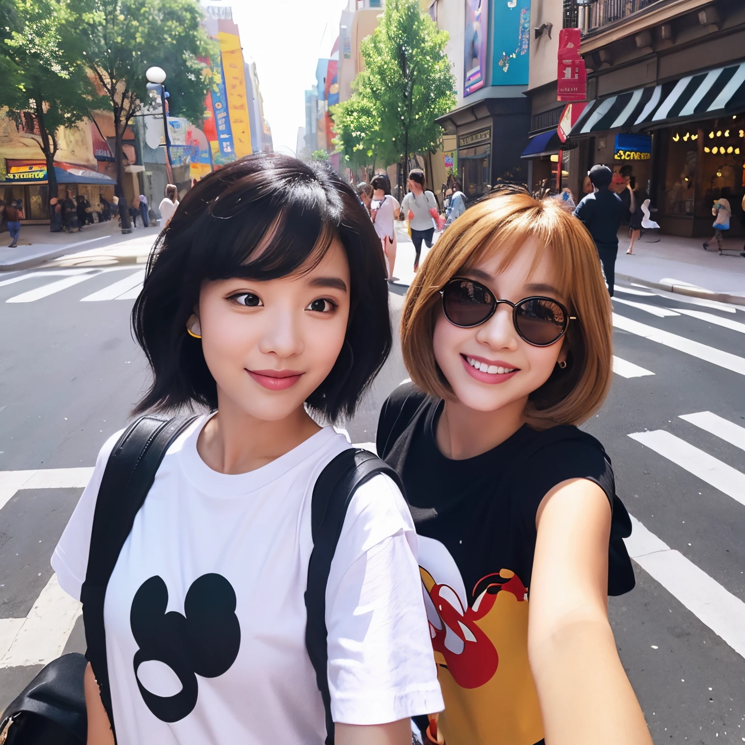 disney pixar illustration。Two girls taking a selfie on the street。The girl on the left has a bouncy bob and is wearing a black T-shirt.。The girl on the right is wearing a matching white T-shirt with a curled bob.。