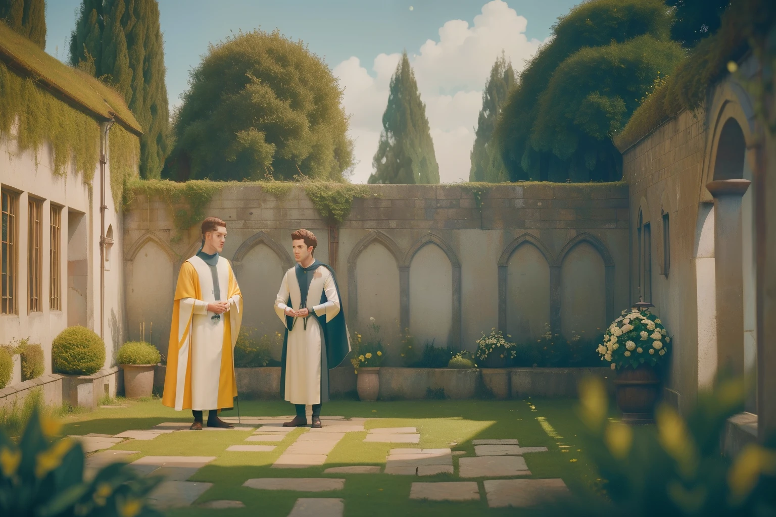 1136, Kingsbride, England. otherworldly scene in a monastery garden, ((((27-year-old)) Richard Rankin)), prior monk, taking to another priest, ((((poor plain tunic from the 12th century)))), ((Hairstyle of the 12th century)), ((Wes Anderson cinematic style)), colorful