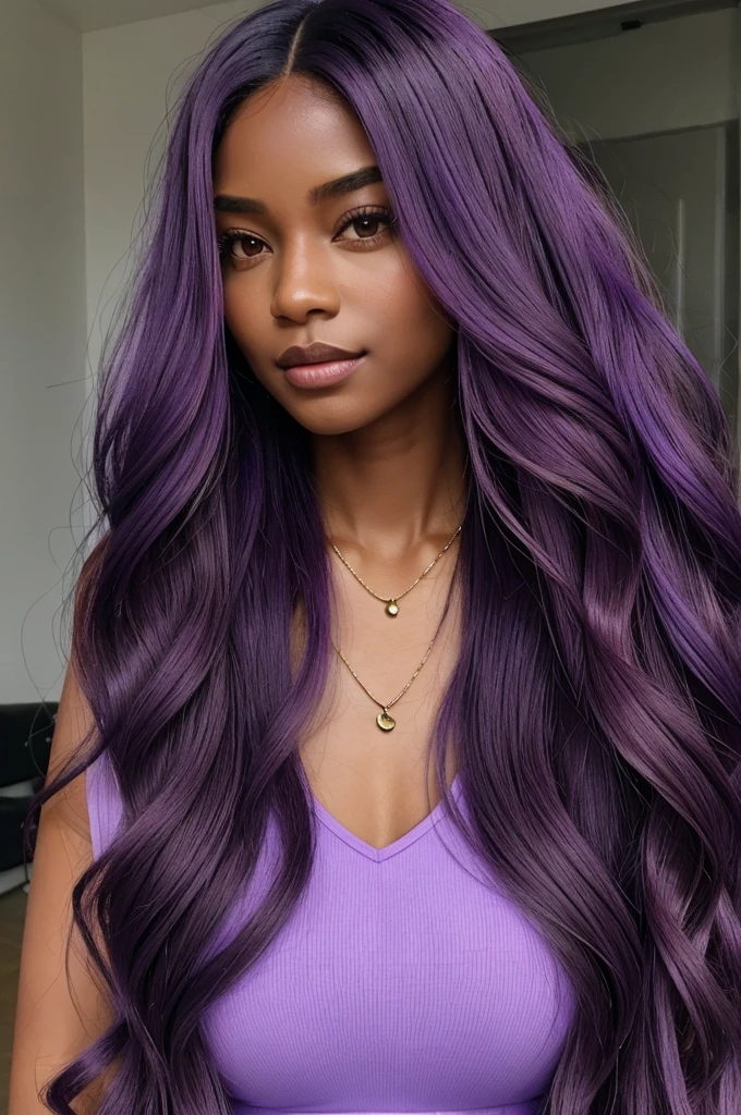 a dark brown woman with long lavender hair and a necklace, dark skin tone with bronze tone, doll like face, Asian eyes, wearing athlete outfit, pink lips, posing in gym, long wavy lavender hair, lavender flowing hair, long violet hair, lavender hair portrait of woman, long lavender hair, vibrant dark wavy hair, flowing lavender hair, lavender long hair, violet long hair, long dark lavender hair, lavender hair, deep lavender hair, violet hair, dark lavender hair, lavender hue