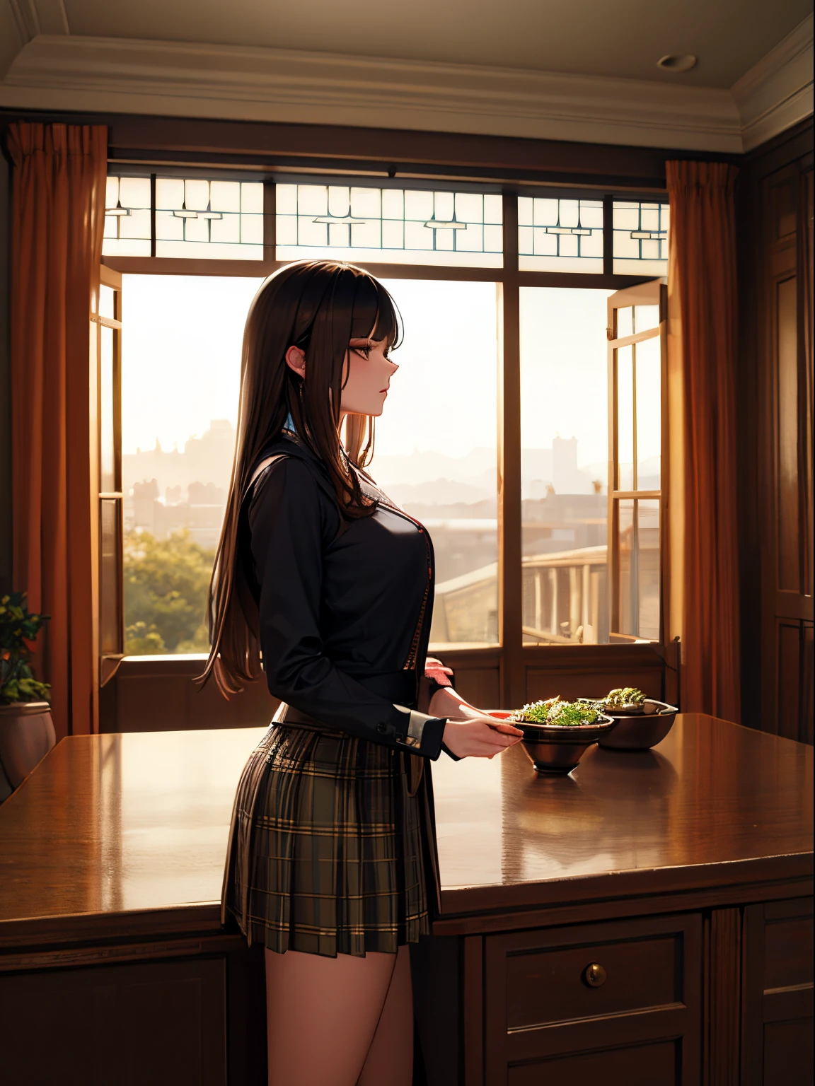 ((masterpiece)), landscape, 1lady, hime cup, brown hair, dark skin, kilt skirt, in the room,