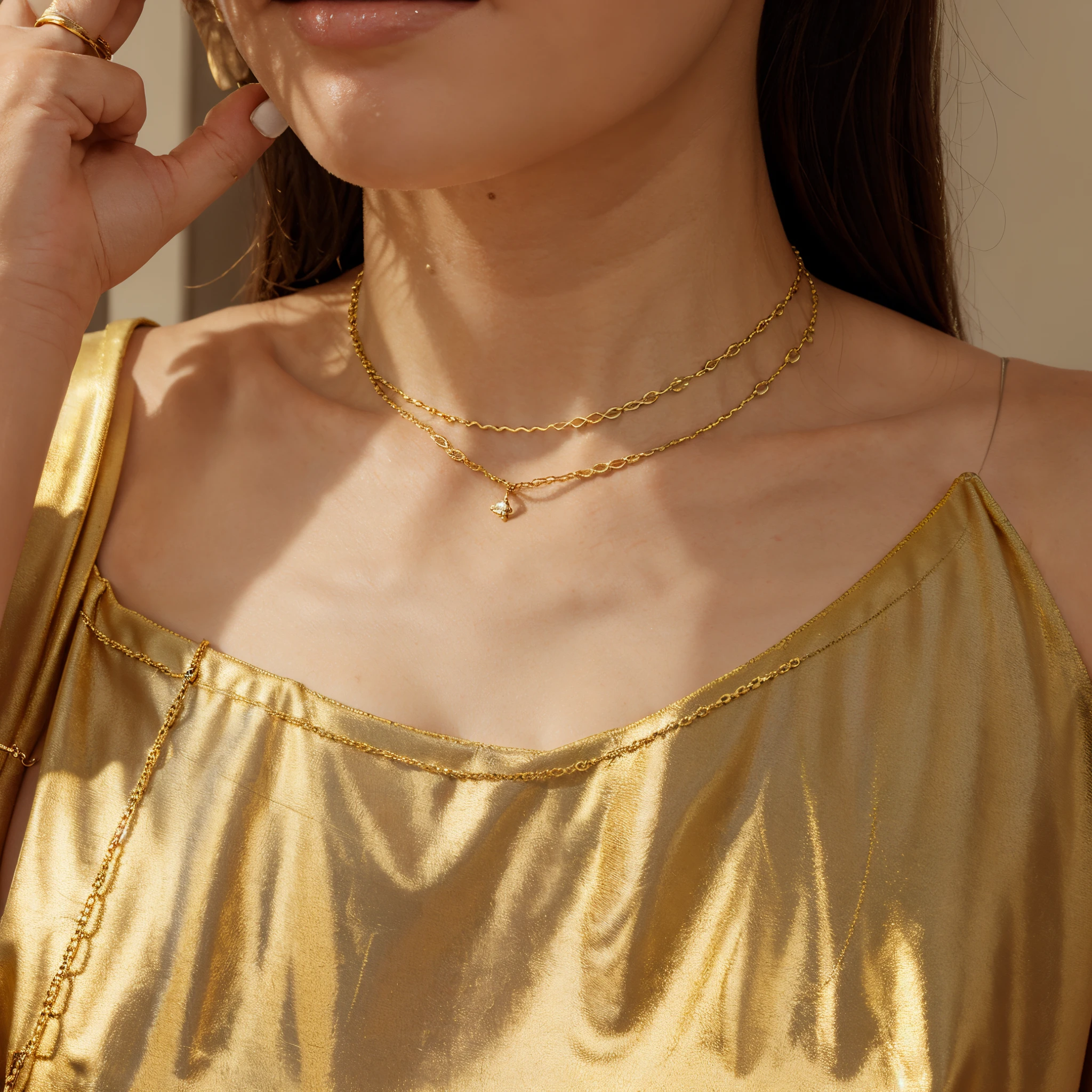 product image of a necklace made of gold with a minimalistic style ultra detail and dark background, summer vibe