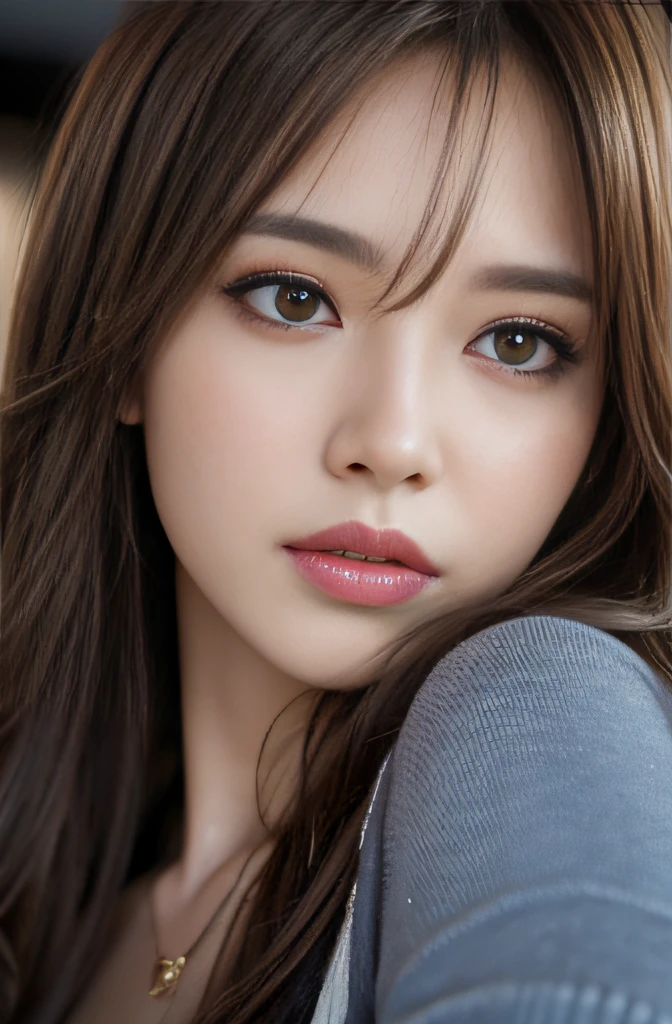 masutepiece, Best Quality, Photorealistic, Ultra-detailed, finely detail, High resolution, 8K Wallpaper, 1 beautiful woman,, light brown messy hair, foco nítido, Perfect dynamic composition, Beautiful detailed eyes, detailed hairs, Detailed realistic skin texture, party, city, makeup, club