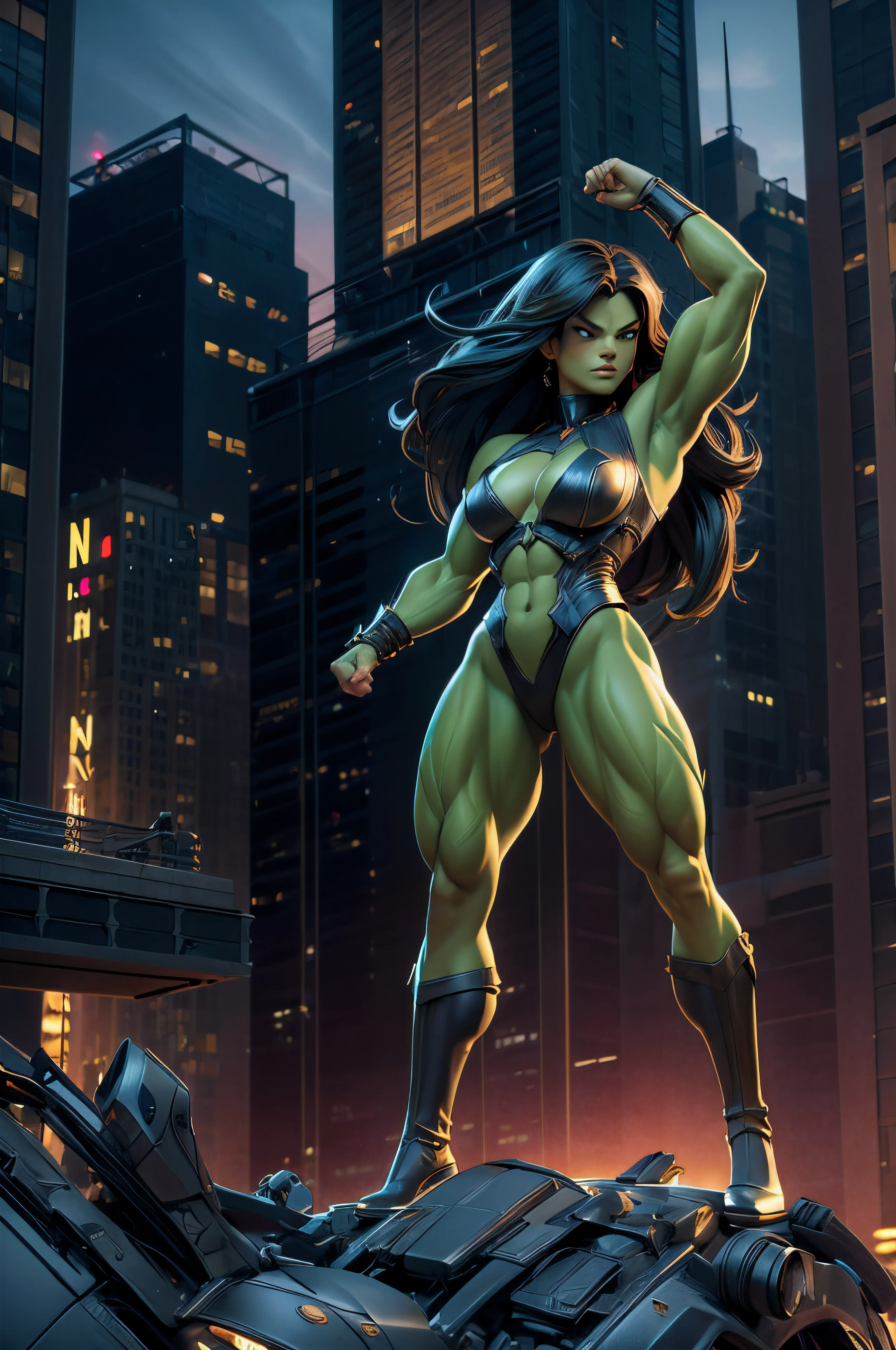 (giantess art:1.5, size art:1.5), SheHulk from Marvel Comics, CGI with clear focus, Photorealistic, high detail, Realistic, Masterpiece, absurdress, Best Quality, HDR, hiquality, hight resolution, Extremely detailed, 8k wallpaper, intricate details, 8K UHD, Full-HD, (foto realista:1.2), Contrast, sharp lighting, Cinematic lighting, natural lighting, hard light, Backlighting, Global Illumination, Environment Occlusion, detailed face, detailed body, detailed nose, detailed lips, detailed eyes, breautiful green skin, hyper muscular:1.4, looming over New York City,comic book style,heroics, cityscape,skyscrapers,,newspaper headlines,crowded streets,vibrant colors,nighttime, detailed city lights, landscape,heroic costume,,windswept hair,determined expression,high vantage point,exciting action,contrast shadows,vivid sunset.