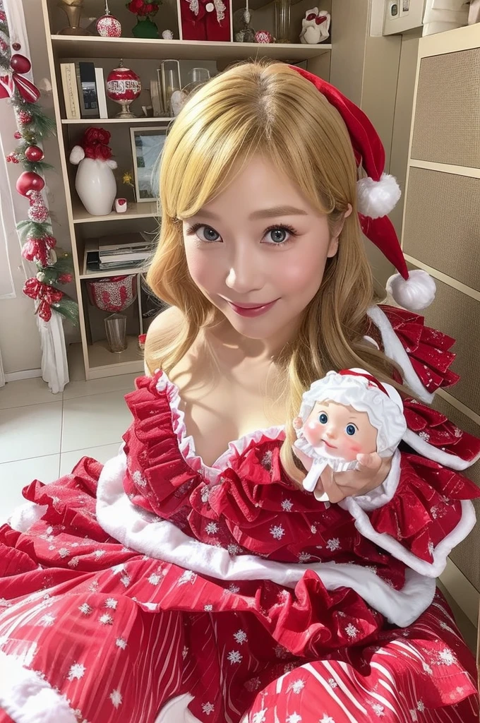 (hightquality、high-level image quality、hight resolution、8K、​masterpiece)、Beautiful and mature woman、55 years old、a blond、Big、Smiling、((Micro bikini with ruffles in red and white Christmas colors:1.5))、((holding a Santa Claus doll in both hands:1.5))、Old house、Jumbled background、(Messy room:1.3)、Lots of flashy anime posters, photos, and colorful toys are scattered around.、