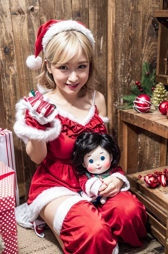 (hightquality、high-level image quality、hight resolution、8K、masterpiece)、Beautiful and mature woman、55 years old、a blond、Big、Smiling、((Micro bikini with ruffles in red and white Christmas colors:1.5))、((holding a Santa Claus doll in both hands:1.5))、Old house、Jumbled background、(Messy room:1.3)、Lots of flashy anime posters, photos, and colorful toys are scattered around.、
