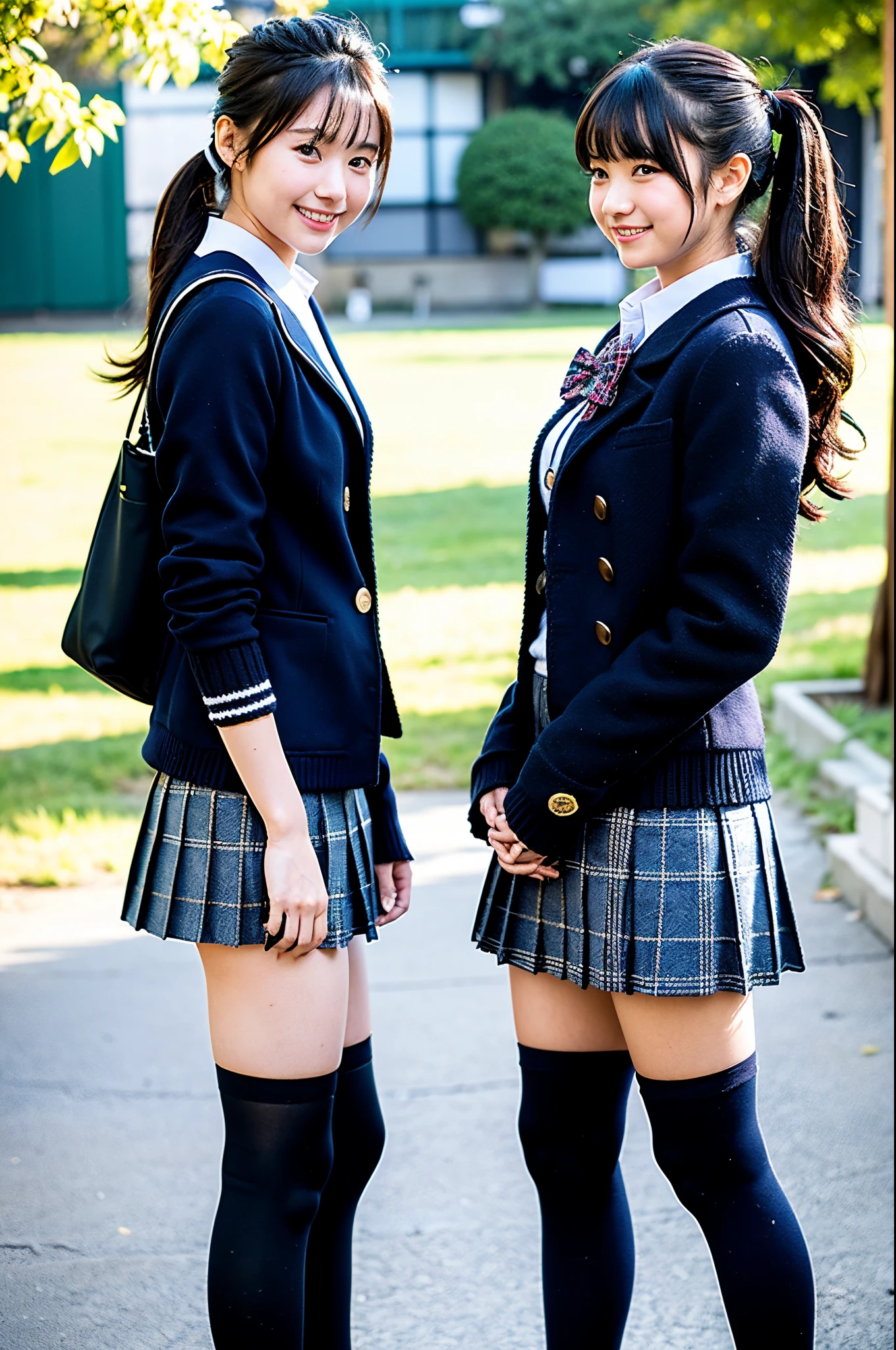 2 girls standing in school yard in winter,long-skeeved knitted sailor suit,plaid pleated knitted skirt,bow tie,navy blue jacket,leggings,18-year-old,bangs,a little smiles,thighs,knees,crotch,low ponytail,from below