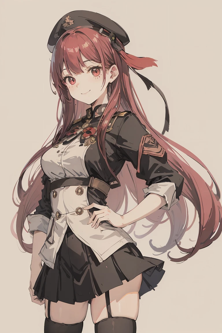 sparrow, a crimson haired girl, wearing a military clothes, long hair, hair, black skirt, black military uniform, slim body, , curious face, praying pose, seductive smile, mini skirt, white beret, medium breasts, white stocking