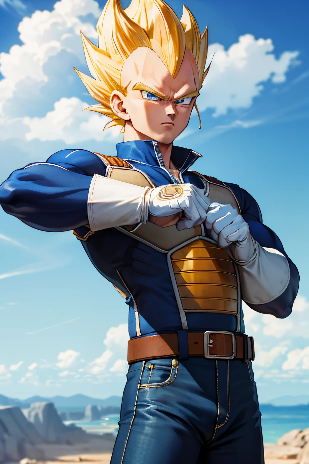 (masterpiece, best quality: 1.2), cowboy shot, solo, male focus, 1boy, vegeta, serious, looking at the viewer, spiked blonde hair, green eyes, armor, white gloves