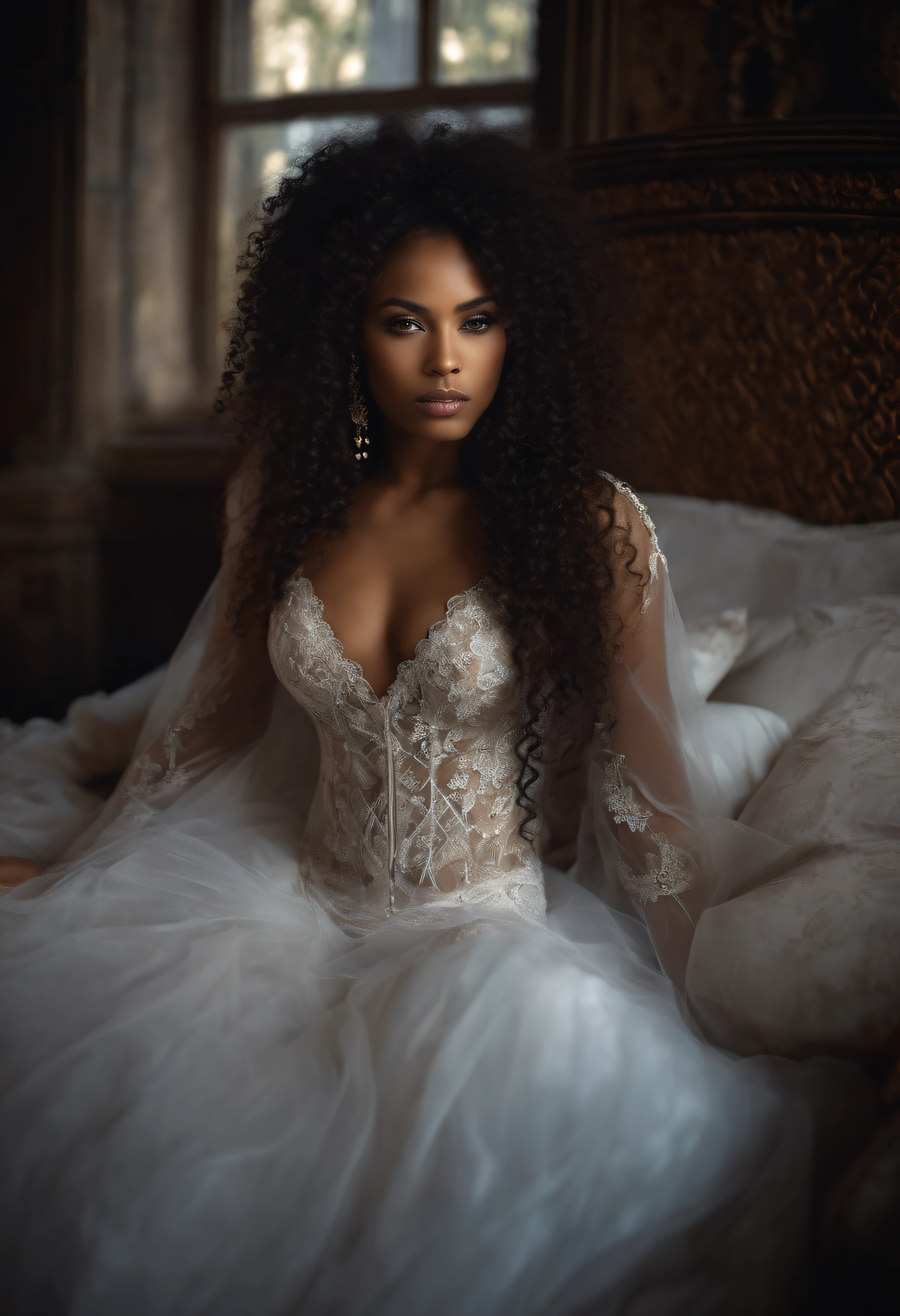 Girl, african American, but with long curly hair, exotic beauty, Charismatic, Exquisite beauty, Slender figure, Breasts of the third size, nude in transparent lingerie, Dressed in Gothic style, lying on a bed in a room of a Victorian castle, victorian style, gotik, exquisite erotica, Masterpiece, fine art photography, fine art photography, Fine art painting, 8K, cinematic quality