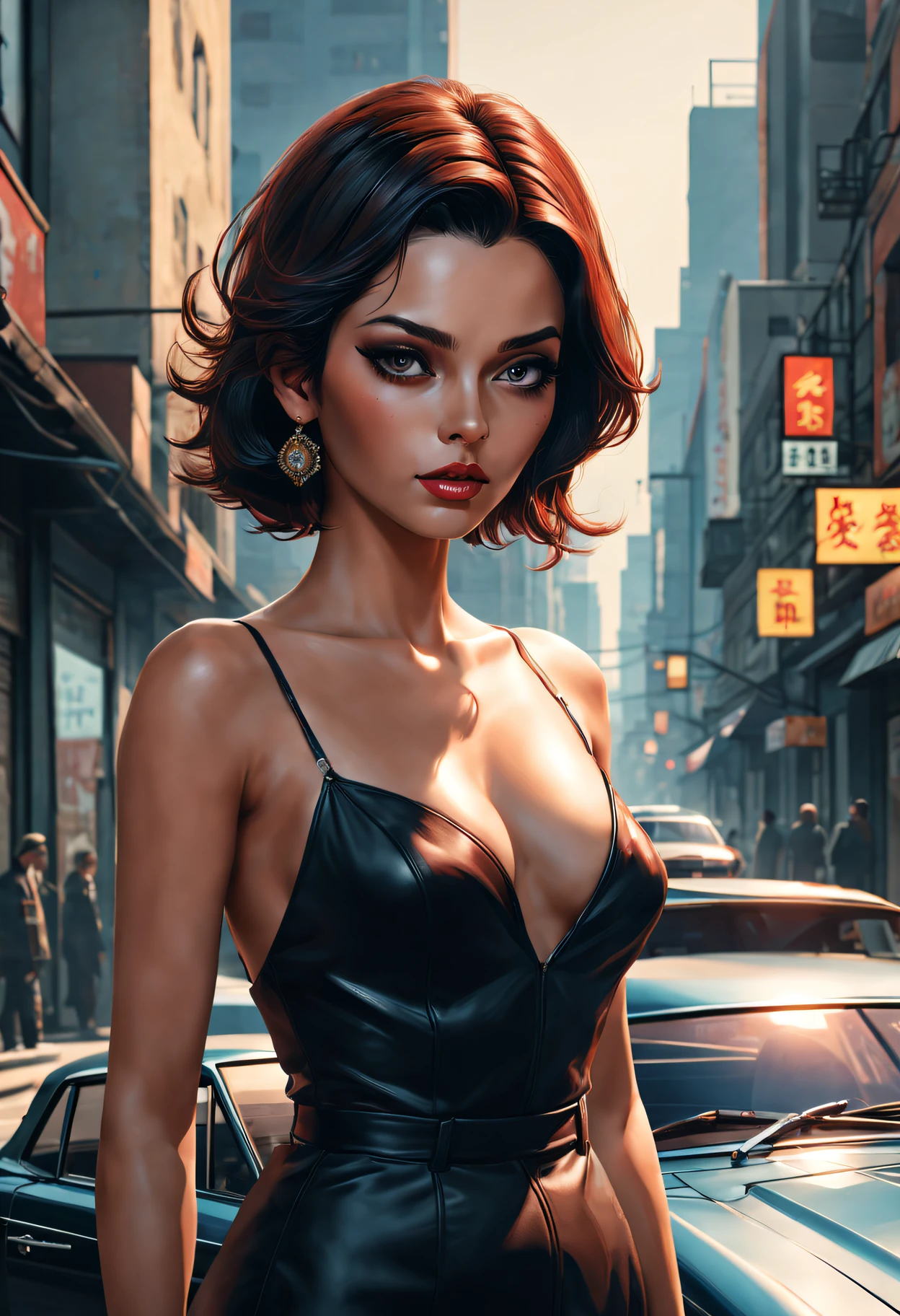 GTA STYLE,heroineashion accessor,Dangerous weapons,The Car,the city street,shadows and highlights,hight contrast,crime and danger、Tension and suspense、Reflections on the avant-garde and the low ebb、Shady、(retro artstyle),evocative composition,(extremely detaild的 CG unified 8k wallpapers),(tmasterpiece), (Best quality), (ultra - detailed), (Best Best Illustration),(The best shadow), (Sharp eyeliner, eye shadows),(rose tattoo)。