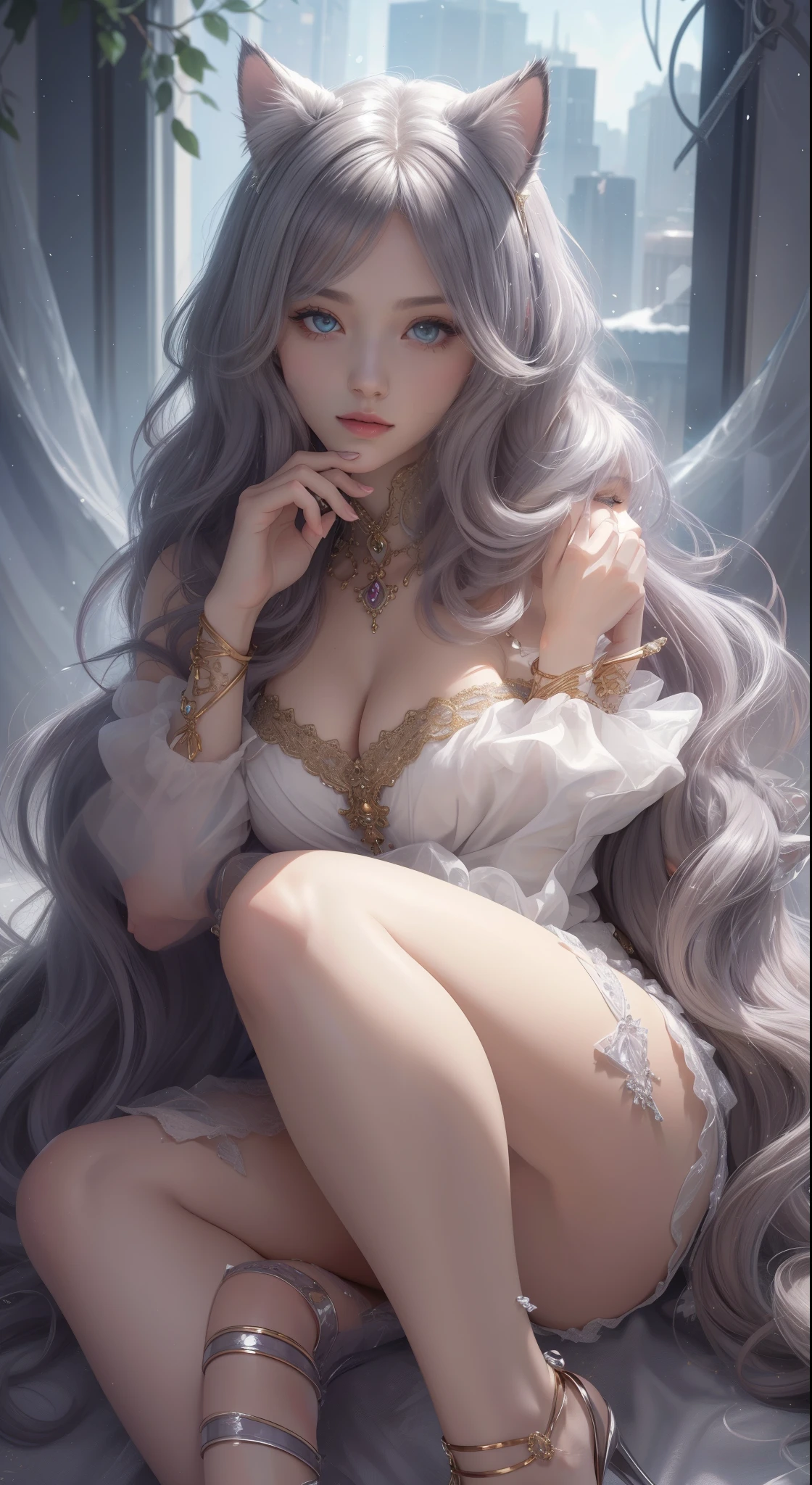 tmasterpiece,Highest image quality,Beautiful bust of noble cat ears,cat ear,Cat tail delicate silver hairstyle,Clear golden eyes,A dazzling array of intricate jewelry adorns chunky plush garments,long leges,Leather heels,Ultra-detailed details,advanced。At the Pixiv Art Station,Break your own power,,The kinky exposed,R-18G