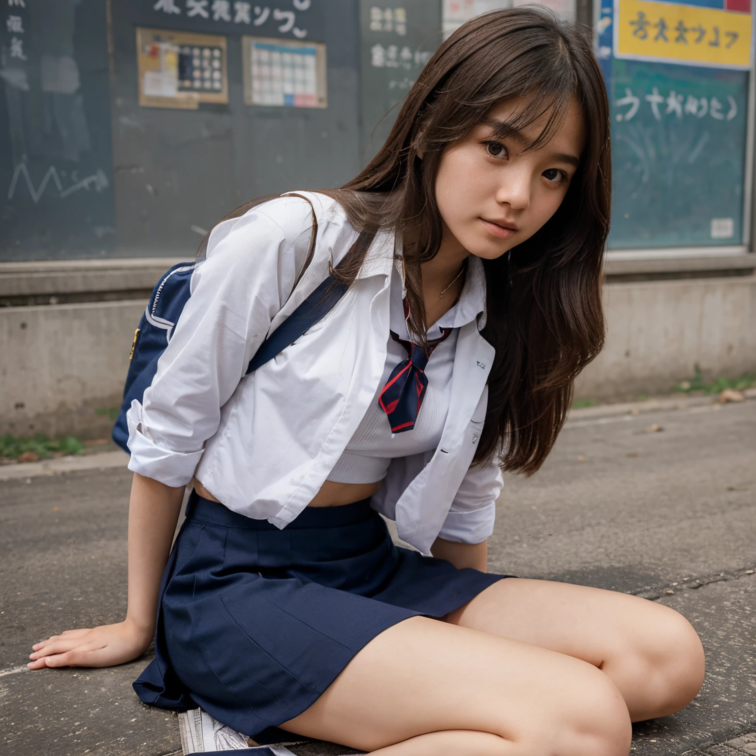 female  student, long hair, wearing unbuttoned school uniform of taipei first girls high school bright skin, E cup, sitting on the ground,