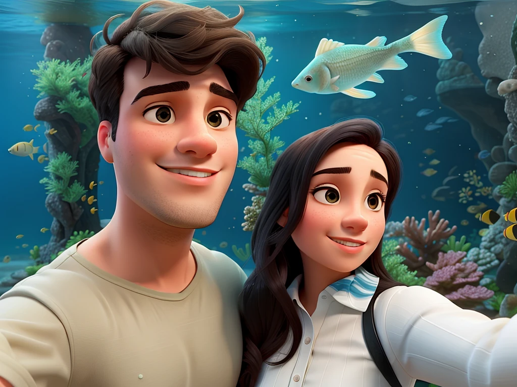 a man and a woman taking a selfie in front of a fish tank, peces en el fondo