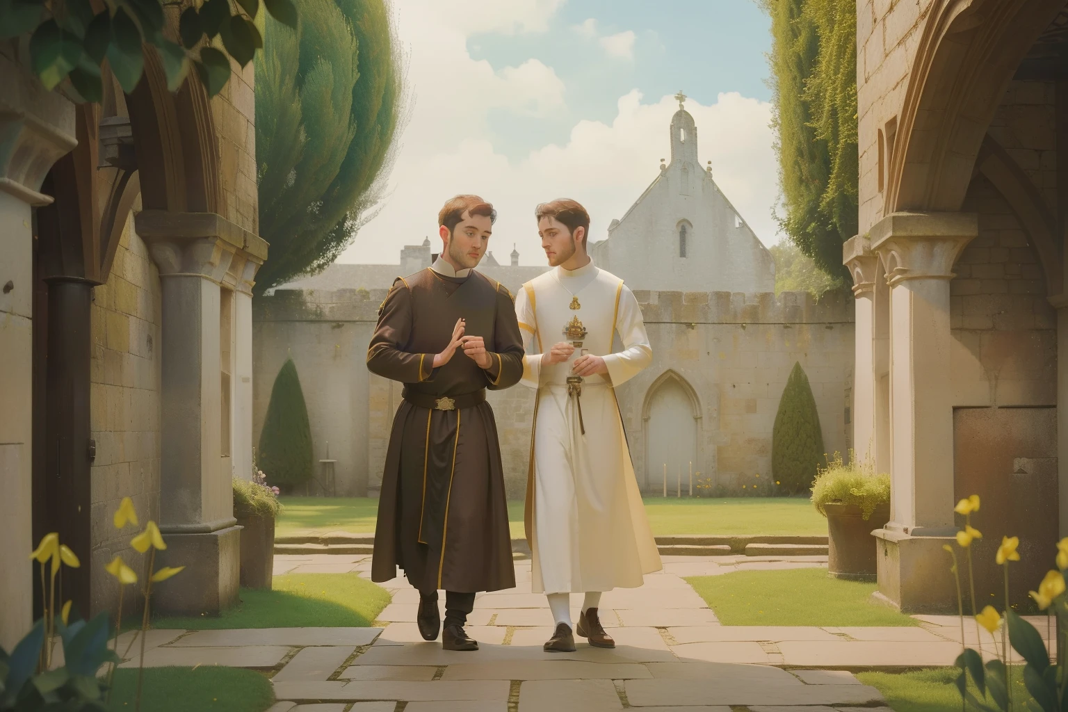 1136, Kingsbridge, England. otherworldly scene in a monastery garden, ((((27-year-old)) Richard Rankin)), prior monk, walking, taking to another priest, ((((poor plain tunic from the 12th century)))), ((Hairstyle of the 12th century)), ((Wes Anderson cinematic style)), colorful