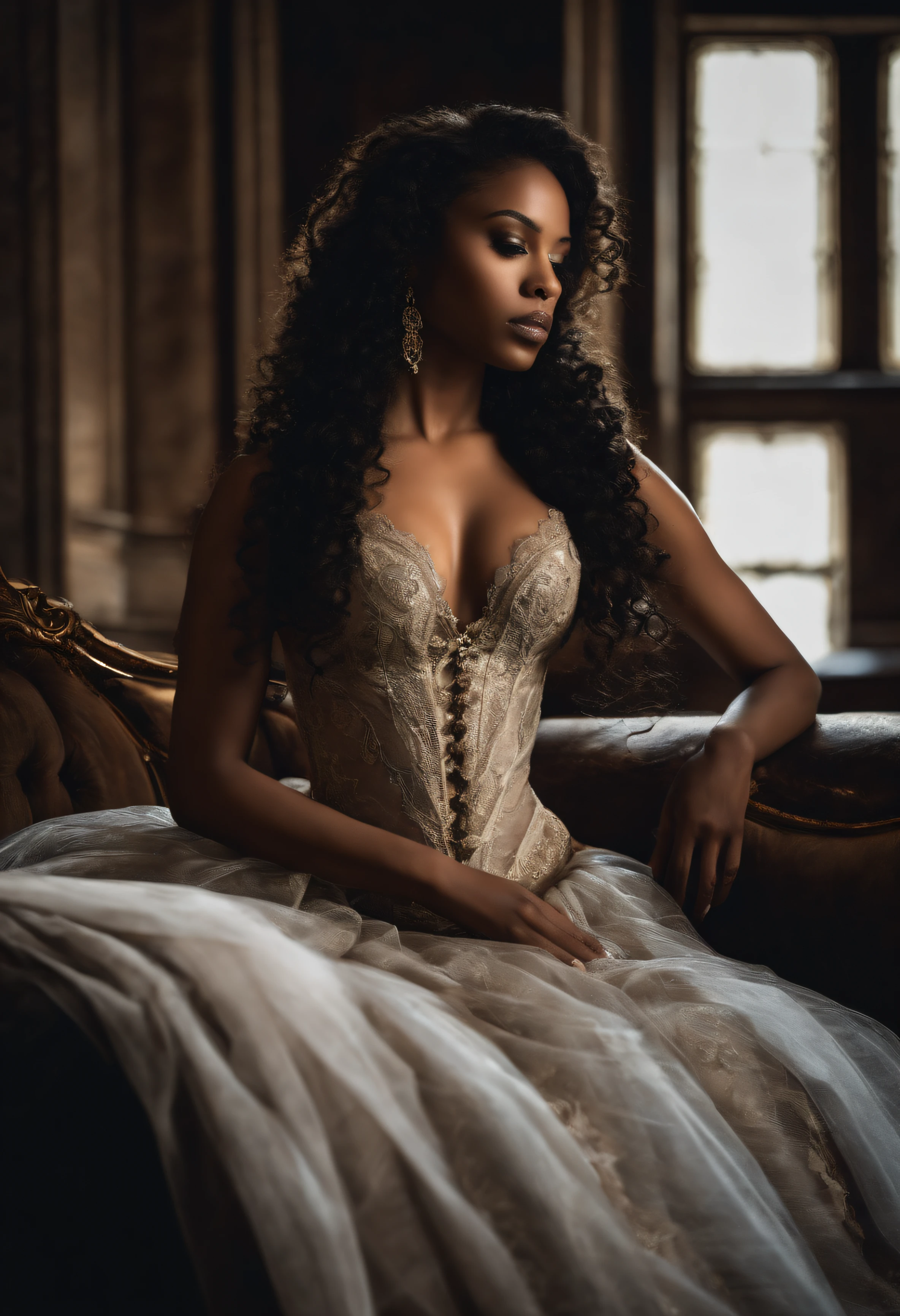 Girl, african American, but with long curly hair, exotic beauty, Charismatic, Exquisite beauty, Slender figure, Breasts of the third size, nude in transparent lingerie, Dressed in Gothic style, lying on a bed in a room of a Victorian castle, victorian style, gotik, exquisite erotica, Masterpiece, fine art photography, fine art photography, Fine art painting, 8K, cinematic quality