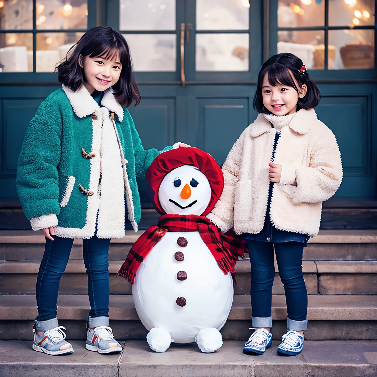 pixar pictures there are two girls The child on the right has a bob and is wearing a shearling jacket.。I have a stuffed snowman