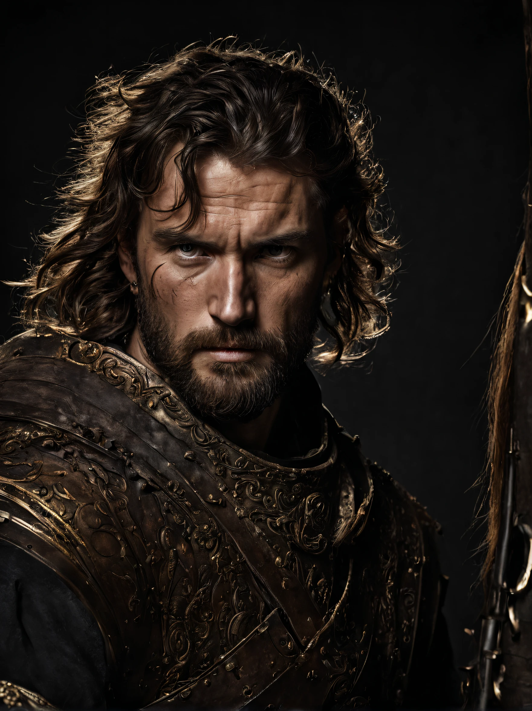 a warrior on horse, war, the middle ages, (30 years old:1.1), bearded, brave, stout, upper body, (deep scar on face:1.5), with piercing eyes, detailed face, high details, photography, dark studio, rim light, leica mp, noctilux 50mm, f/1.0