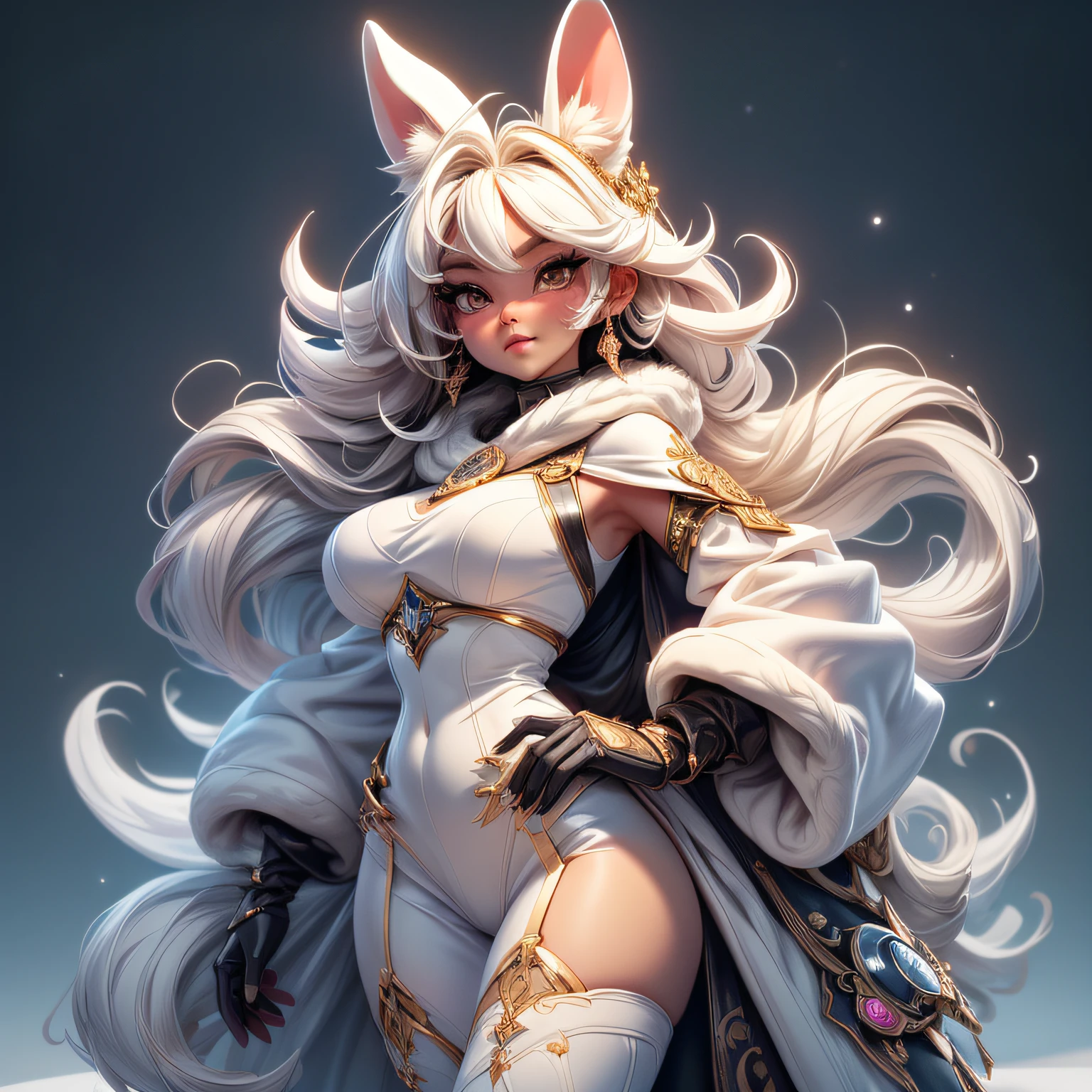Best quality,Amazing,Masterpiece,Delicate,超高分辨率,Ultra detailed,intricately details,Beautiful detailed,8K resolution,(Extremely detailed Cg Unity 8K wallpaper),Sharp focus,((No text)), realistic eyes, by wolfy-nail, by Personalami, Krystal, Star White Rabbit, female white rabbit woman, (detailed), view of the viewer, fluffy, solo, 1 girl, high resolution, photorealistic, (Brown eyes), cute, shy, ((clear structural details)), detailed realism, slim, athletic, soft, 4k, excellent quality, high details, (seductive), detailed white fur, walking in snowy mountains, white rabbit ears, fluffy white tail, Skimpy furry clothing, white fur, sexy.