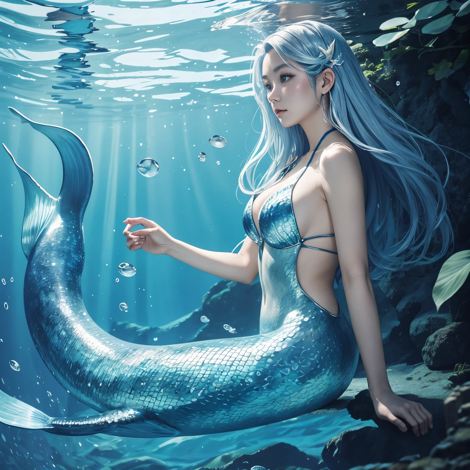 Mermaid swimming alone in the sea、Blue scales grow on the skin all over the body、Earlobes are fin-shaped、silber hair、Full-body image