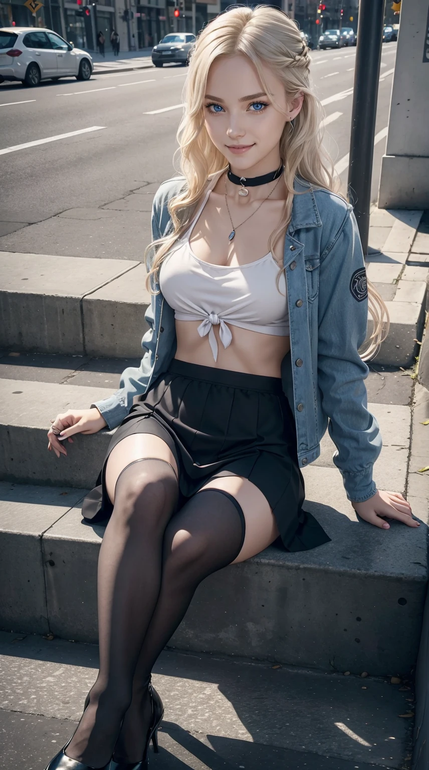 25-year-old Caucasian woman、platinum-blonde、blue eyess、Semi-long、Hair is tied up、My hair is wavy、accessories on the wrist、wearing a choker、a smile、I can see the belly button、My abs are cracked、a smile、slim muscular body、I don't want my head to disappear from the screen.、I'm wearing a jacket、Wearing a halter keyhole neck shirt、She's wearing a low-rise blooming skirt.、I'm wearing black thigh-high socks、I'm wearing pin heels、I'm sitting on the steps on the street sidewalk、a smile