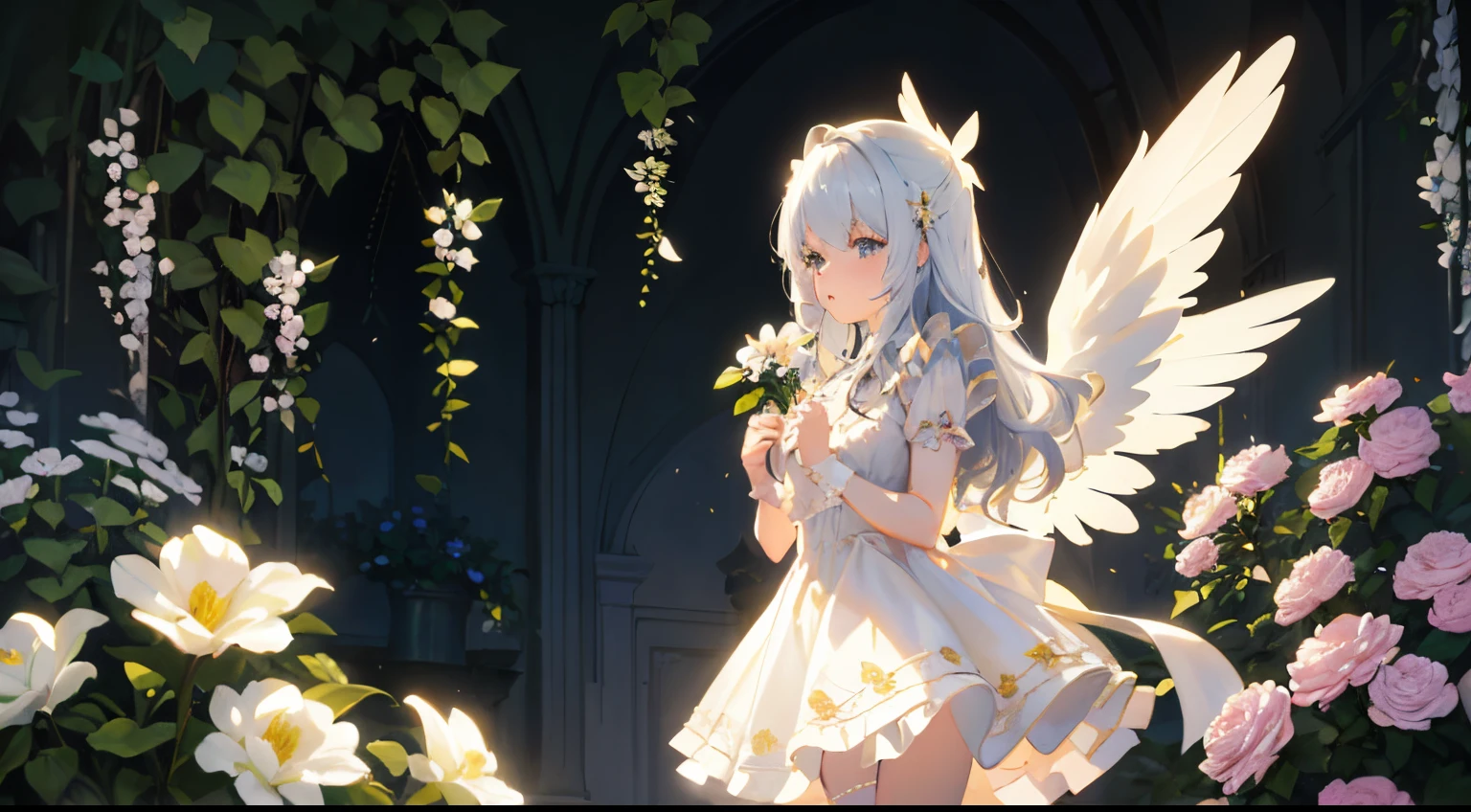 le malin holding a flower in Garden, sun shining detailed eyes, whithe _dress, angel_wings, white_legwear, bright at night, volumetric lighting, flat lighting, photo, oil painting, beautiful, extremely detailed, HD, white dress clothing cutout white pantyhose skirt bow wrist cuffs frills wings