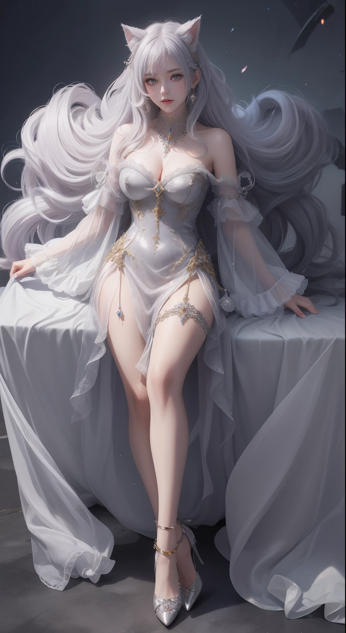 tmasterpiece,Highest image quality,Beautiful bust of noble cat ears,cat ear,Cat tail delicate silver hairstyle,Clear golden eyes,A dazzling array of intricate jewelery adorns the chunky, Plush clothes。Plush clothing,Leather heels,Ultra-detailed details,advanced。At the Pixiv Art Station,Break your own power,,The kinky exposed,R-18G