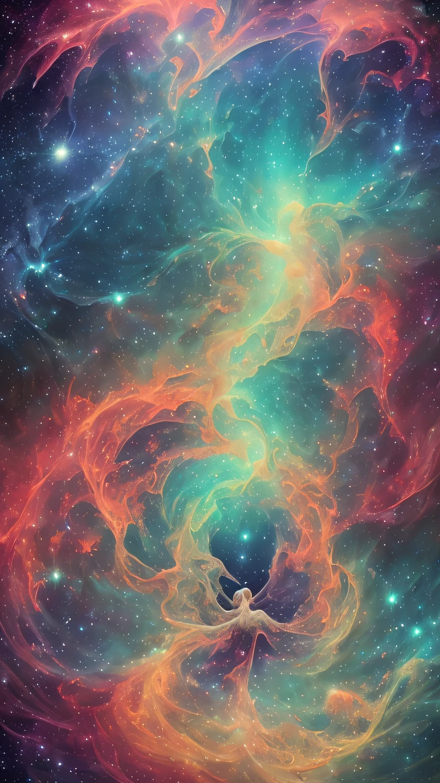 inconceivable and spectacular a scene of emergence of a figure crying from the glowing cloud, fractal nebula threads, raining, cosmic entities, celestial, cosmic, vibrant and vivid, swirls, twirling, unrealistic, high contrast, symobolism, magical, mystical, mystifying, hyperrealistic, oversaturate, colorfully, sadness, hopeless, heartbreak, dark