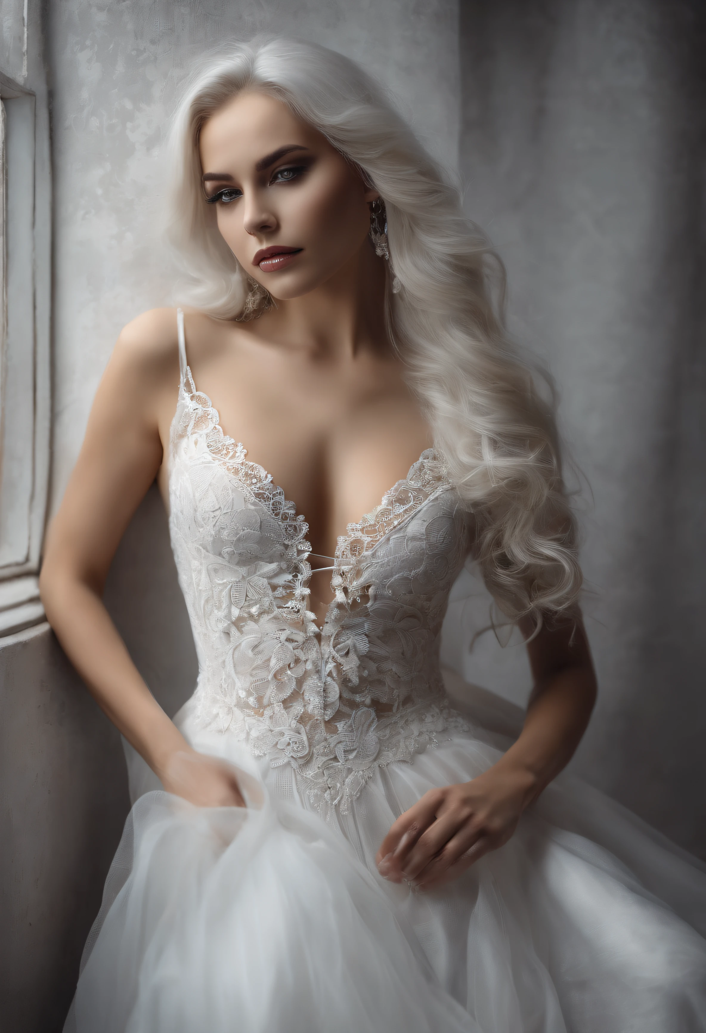 Girl, Long white hair, Charismatic, Exquisite beauty, Slender figure, Breasts of the third size, in a white long dress, Neckline on a card, open bust, exquisite erotica, Full-length, ethnic tattoos on the body, in a white carnival mask, on a clean gray wall background, gotik, Renaissance, Masterpiece, The Art of Photography, fine art photography, 8K, Cinematic art, Fine art painting, cinematic quality