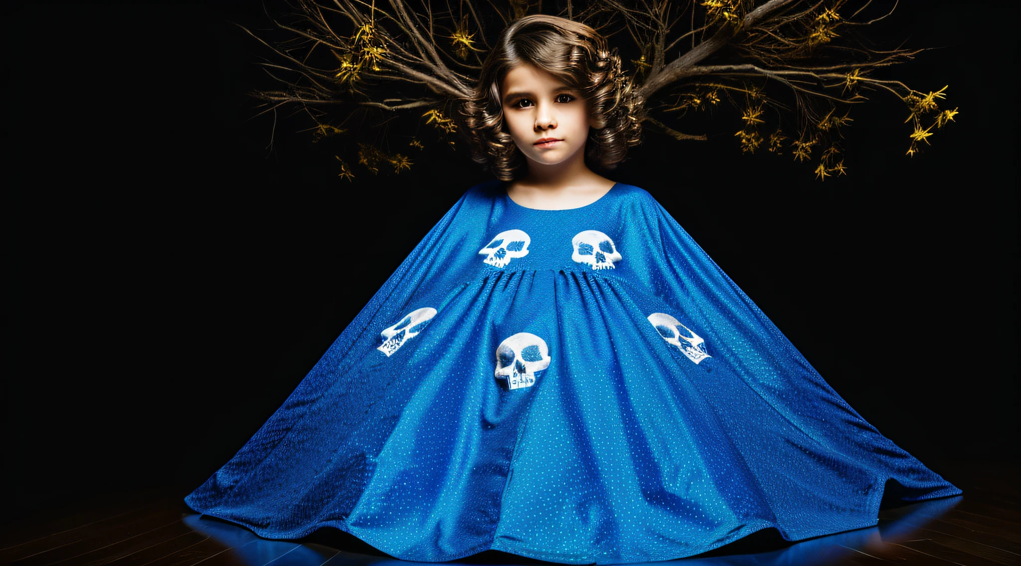 cabelo longo loiro infantil, there are three skulls, an anthill with a Phoenix