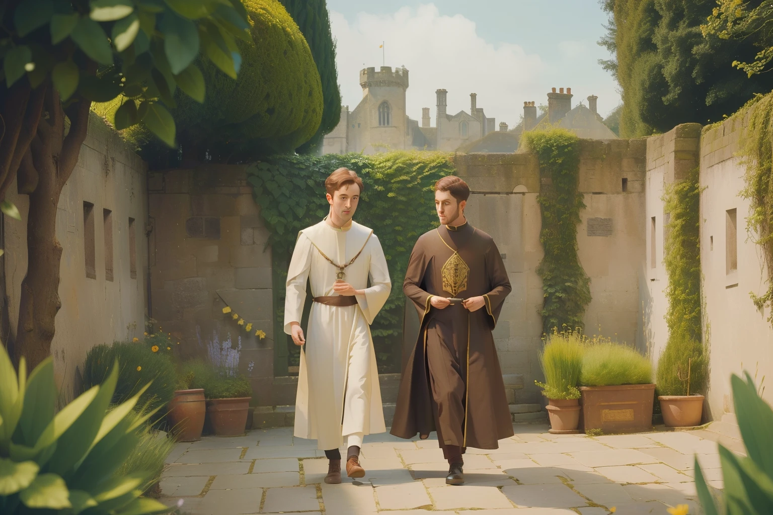 1136, Kingsbridge, England. otherworldly scene in a monastery garden, ((((27-year-old)) Richard Rankin)), prior , walking, taking to anot priest, ((((poor plain tunic from the 12th century)))), ((Hairstyle of the 12th century)), ((Wes Anderson cinematic style)), colorful