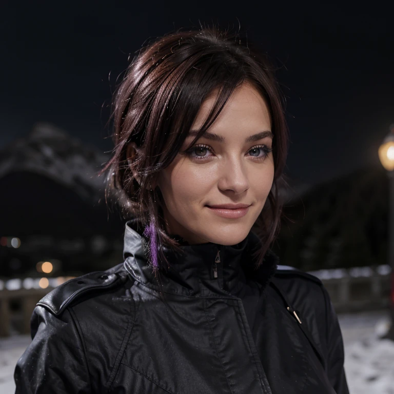 Caucasiennne,veste militaire noire,sourire , yeux violet cheveux boucles bruns en désordre,sur montagne,il fait nuit,le fond est flou,Elle a une panthère black au yeux violet a côté d'elle