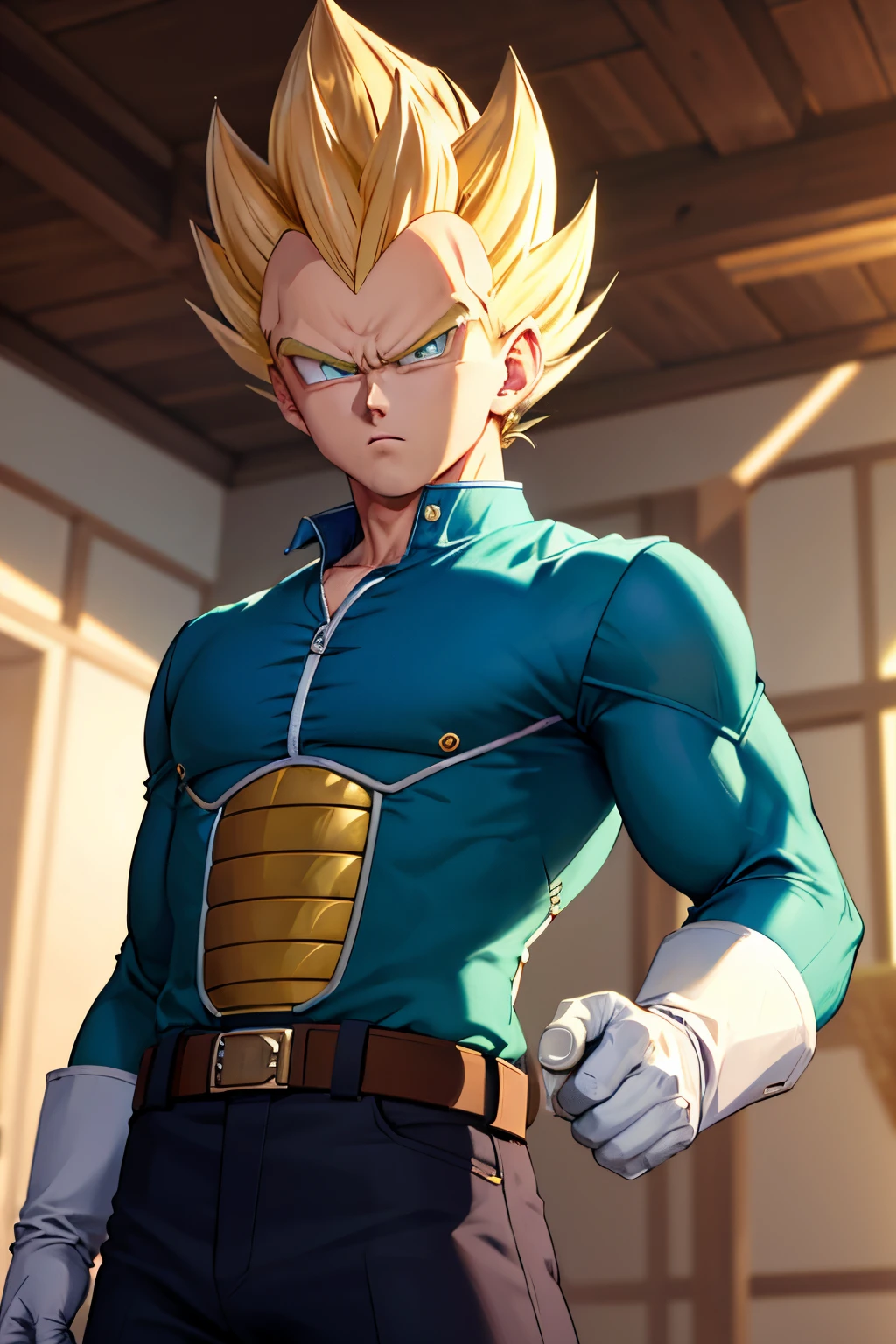 (masterpiece, best quality: 1.2), cowboy shot, solo, male focus, 1boy, vegeta, serious, looking at the viewer, spiked blonde hair, green eyes, armor, white gloves