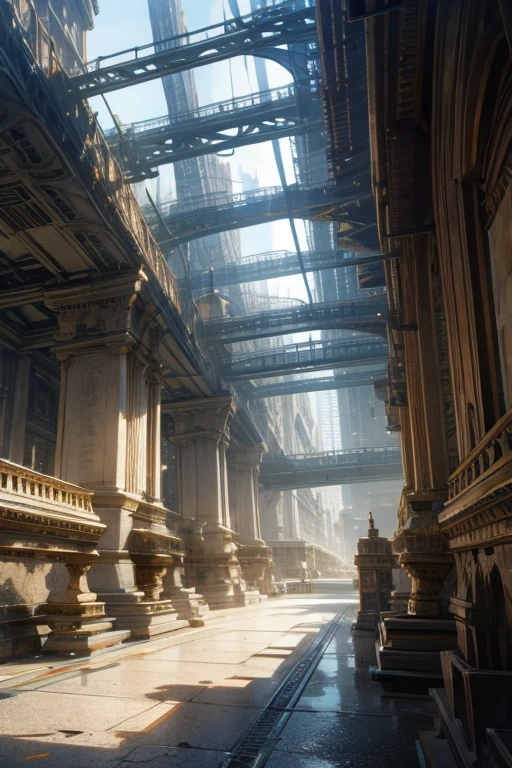 Complex stone structures in a futuristic city