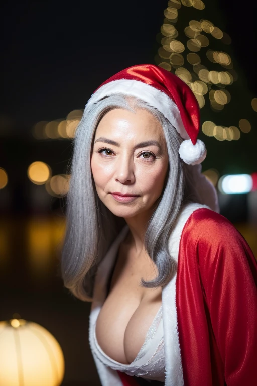 58 years old,(A MILF:1.2), a captivating gaze,(((long old gray hair))),Brown eyes, (A lot of wrinkles on her face:1.4), (There are many wrinkles on her chest1.4),Old Woman, Detailed wrinkles (8K, High resolution,ultra-quality, An ultra-high picture quality,Ultrarealistic,Best Quality,masuter piece:1.2)(breasts are large,Large cleavage:1.1) ,(Old Woman in Japan) ,sexy langeries,eyes visible through hair, Proper eye position,Cinematic Light,Soft light,lower back,Night time,Soft moonlight,detailed color graded background,Convoluted, ighly detailed,8K,Overall silhouette,City at night,Looking down,Christmas、Christmas tree、(((Santa Claus Costume)))