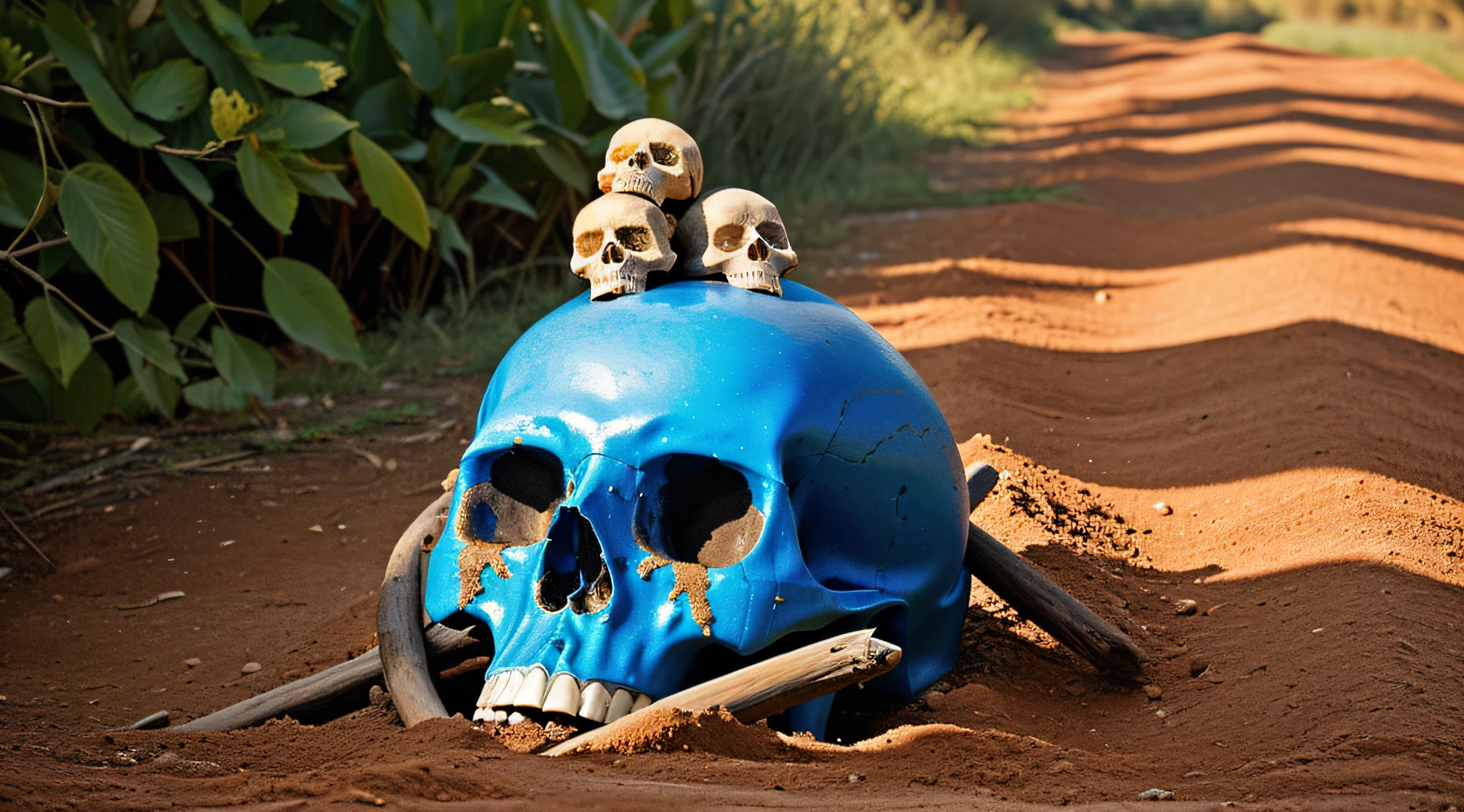 cabelo longo loiro infantil, there are three skulls, an anthill with a Phoenix
