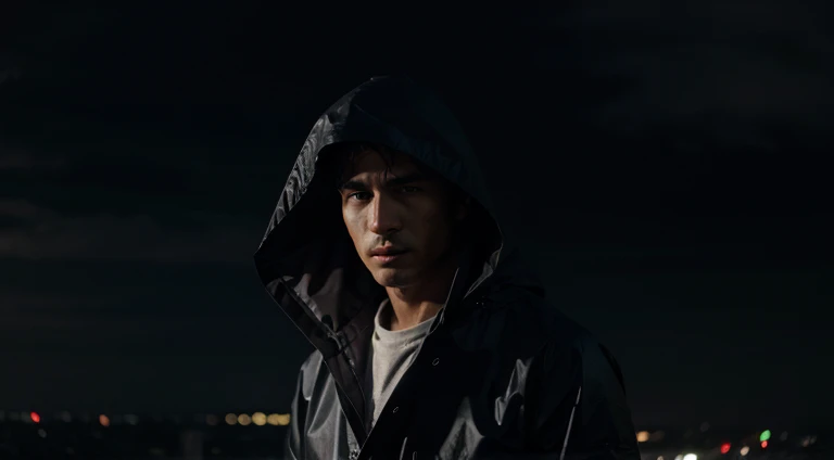 Man with raincoat on a dark night