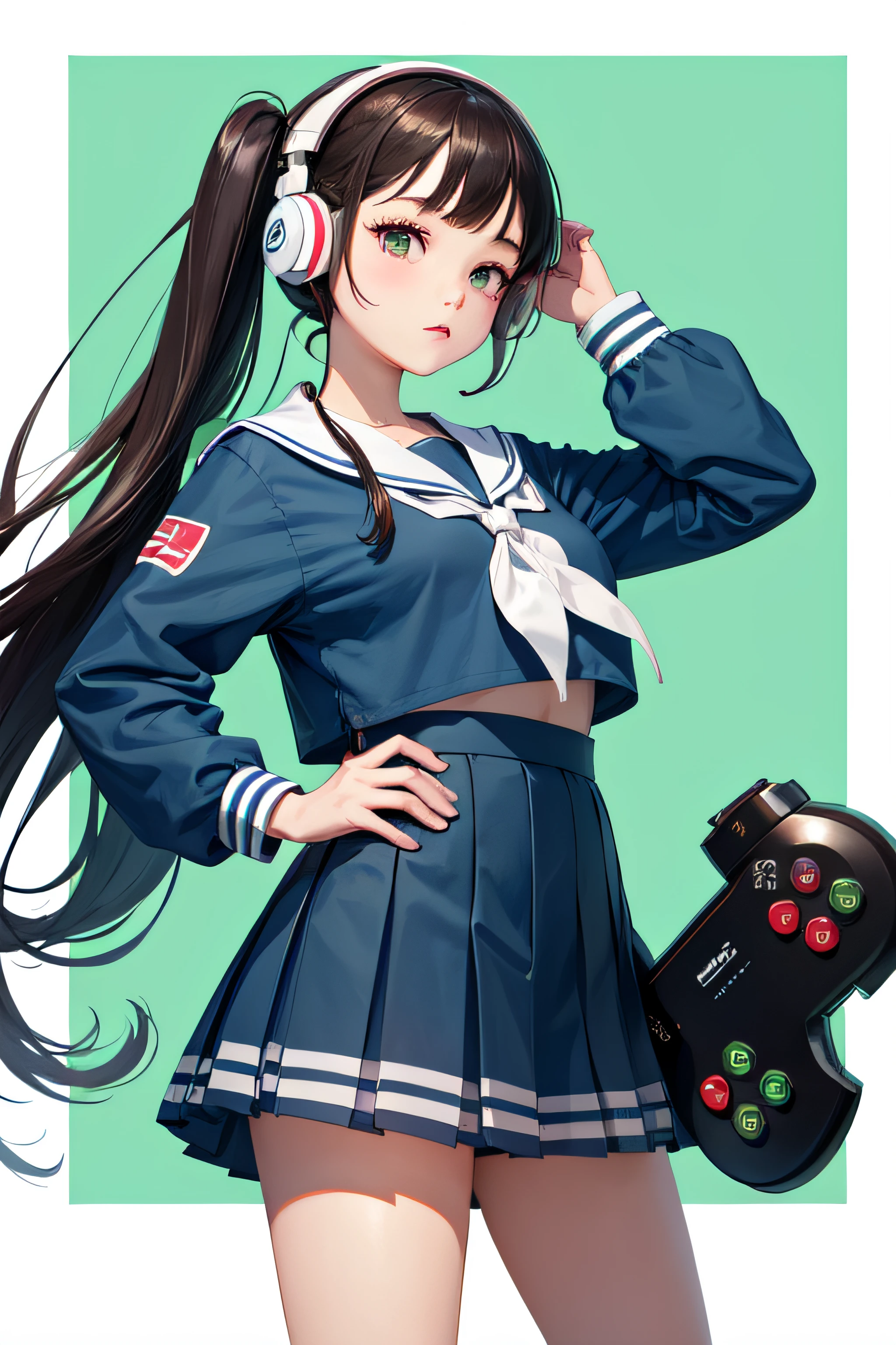 top-quality、hi-school girl、a sailor suit、wearing gaming headphones、Game controller in hand、game standing picture material、Green background、Standing facing the front