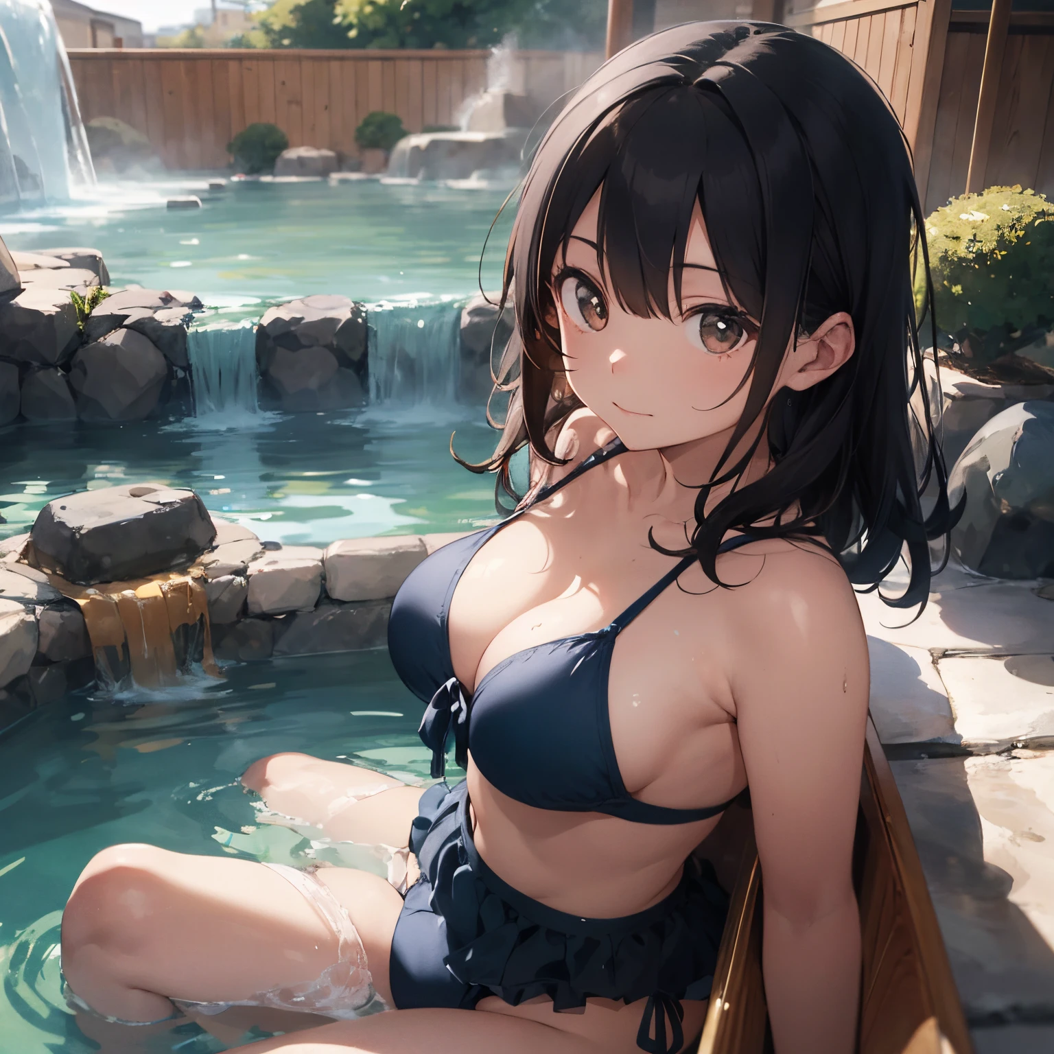 Realistic background blur that looks like it was taken with a high-performance camera.、Please provide high quality illustrations........。A beautiful girl soaking in a hot spring with a relaxed expression.、Beautifully depicts the steam rising from the bathtub.......。Attention to detail in hair and skin、Enjoy the natural texture。To convey the atmosphere of a hot spring area、Please draw the surrounding scenery and hot spring facilities.........。Highlights a beautiful girl in a Christmas colored bikini。。。、Please draw an illustration that takes advantage of her charm.........。"
