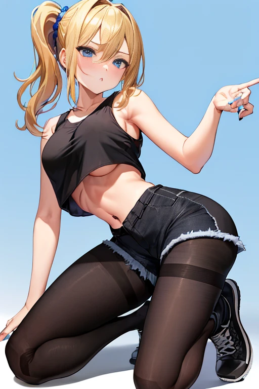 masterpiece, best quality, AiHayasakaV4, 1girl, solo, breasts, blush, blue eyes, blonde hair, hair ornament, hair between eyes, nail polish, side ponytail, scrunchie, hair scrunchie, blue nails, blue scrunchie, ((slim body)),((slim legs)),((slim thighedium breasts)), ((kneeling:1.4)), ((park background)), ((serious face)), ((black pantyhose:1.4)), ((black converse shoes)), ((short jeans)), ((black tank logo)), ((underboob)),