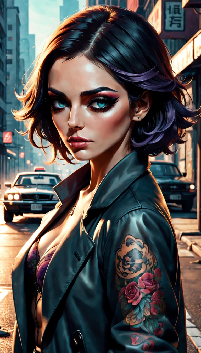 GTA style,heroines,Stylish accessories,dangerous weapons,wind coat,The Car,the city street,shadows and highlights,hight contrast,crime and danger、Tension and suspense、avant-garde and ralowing reflections、glomy、retro artstyle、evocative composition,(extremely detaild的 CG unified 8k wallpapers),(tmasterpiece), (Best quality at best), (ultra - detailed), (Most Best Illustration),(The best shadow), (Sharp eyeliner, eye shadows),(Tattooed with)。