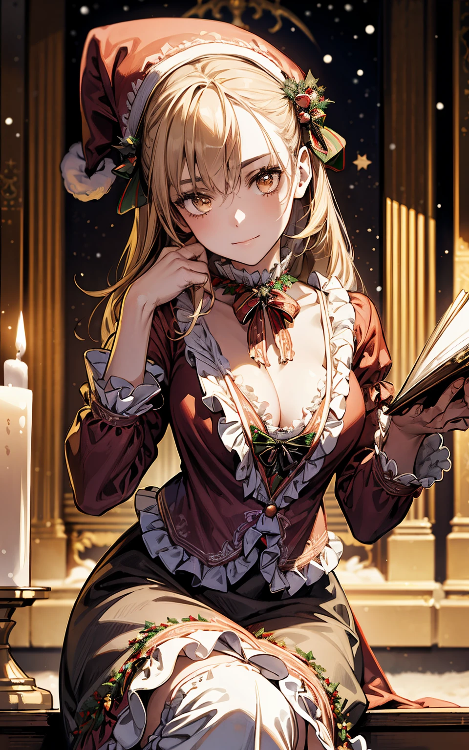 Perfect human body, Christmas night, (((Victorian Santa outfit with frilly decorations))), warming up in front of the fireplace, long skirt, hair ornaments, twinkling, a sigh of relief,