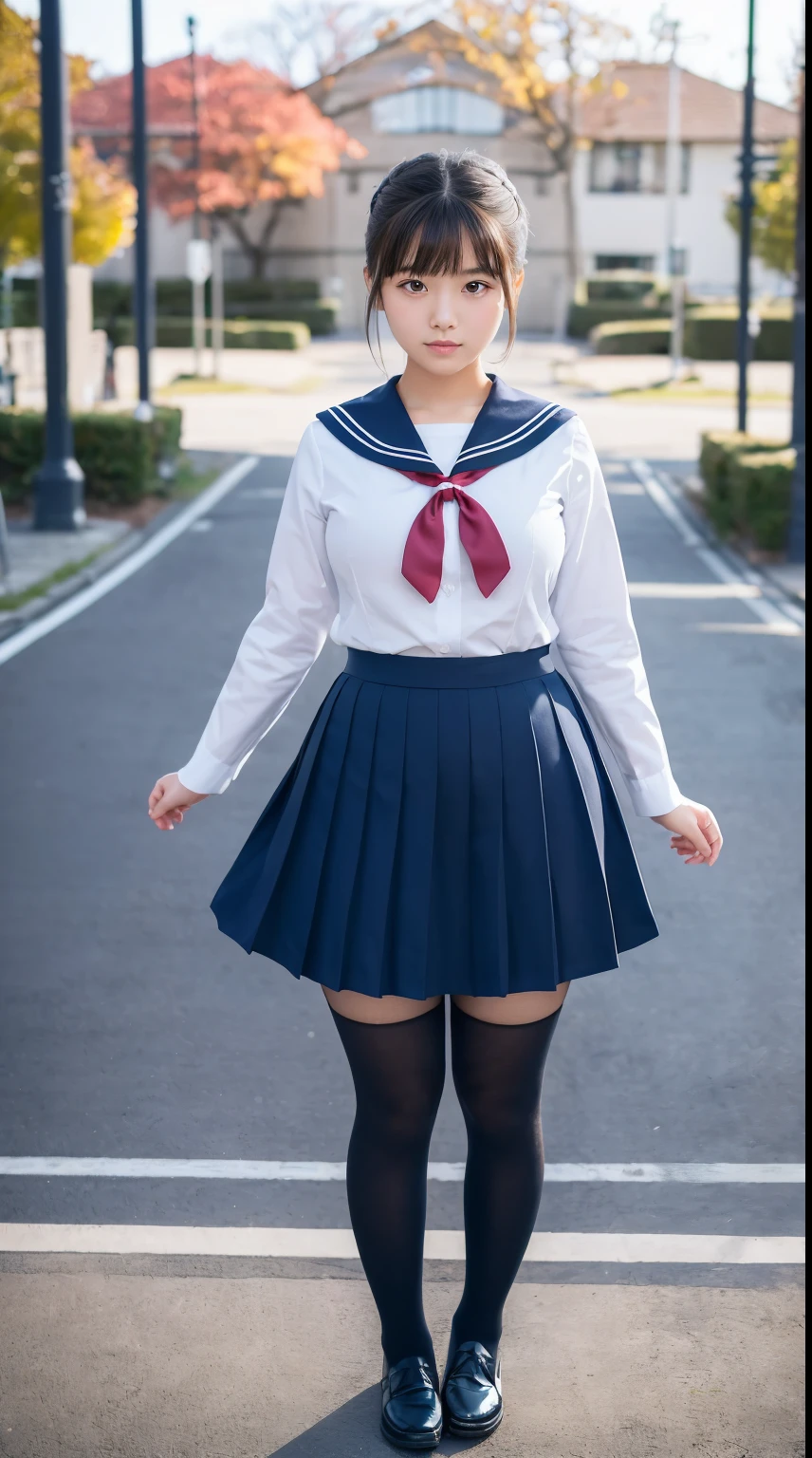 (Masterpiece,High Quality:1.3),(depth of field:1.3) ,((front body:1.35)), Japanese ,middle school girl,chignon, sailor uniform,NAVY BLUE long skirt,sailor ribbon,blacktights,huge breasts,voluptuous,(looking at viewer:1.3),(full body:1.2),Inside the school