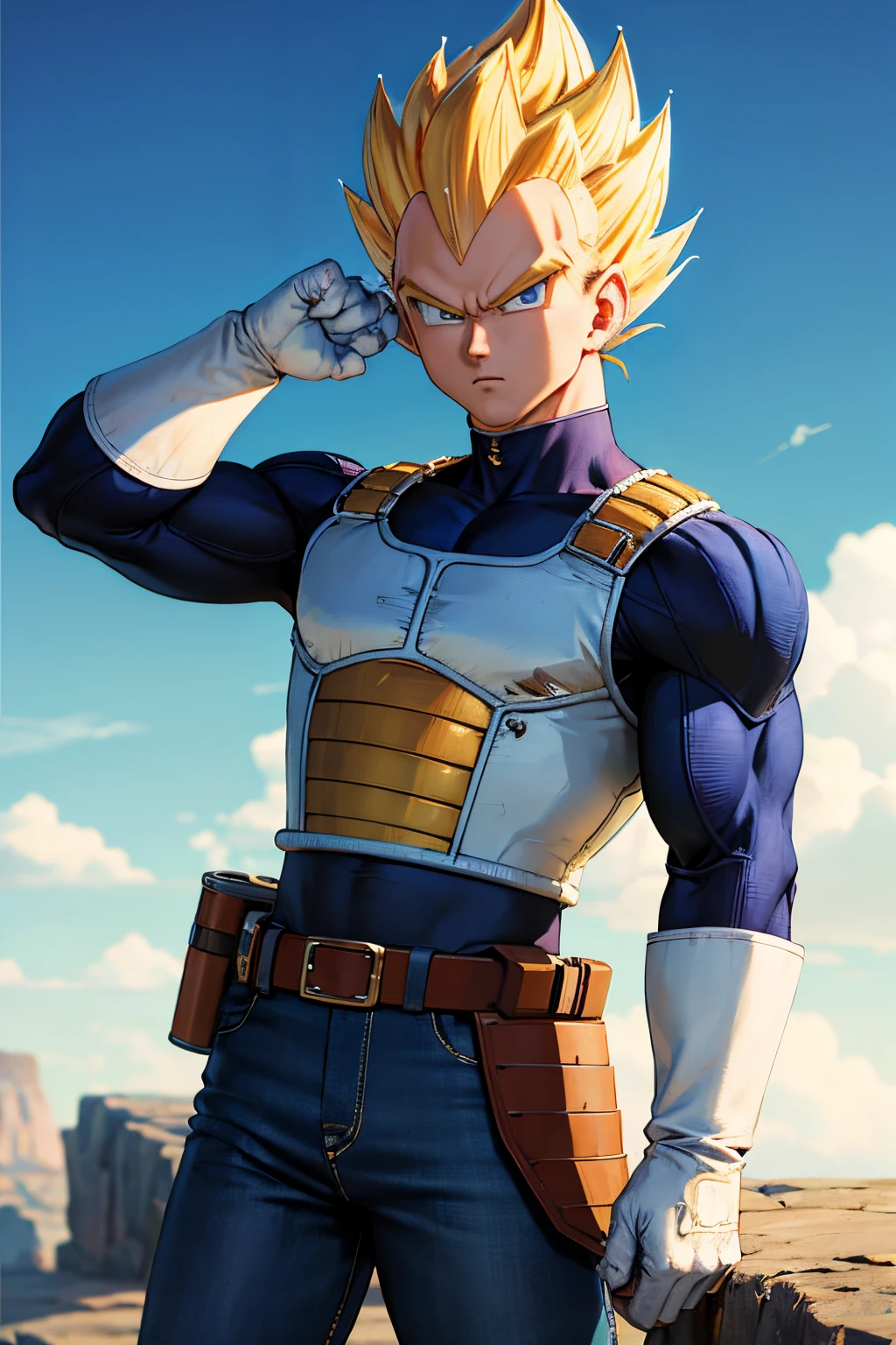 (masterpiece, best quality: 1.2), cowboy shot, solo, male focus, 1boy, vegeta, serious, looking at the viewer, spiked blonde hair, green eyes, armor, white gloves