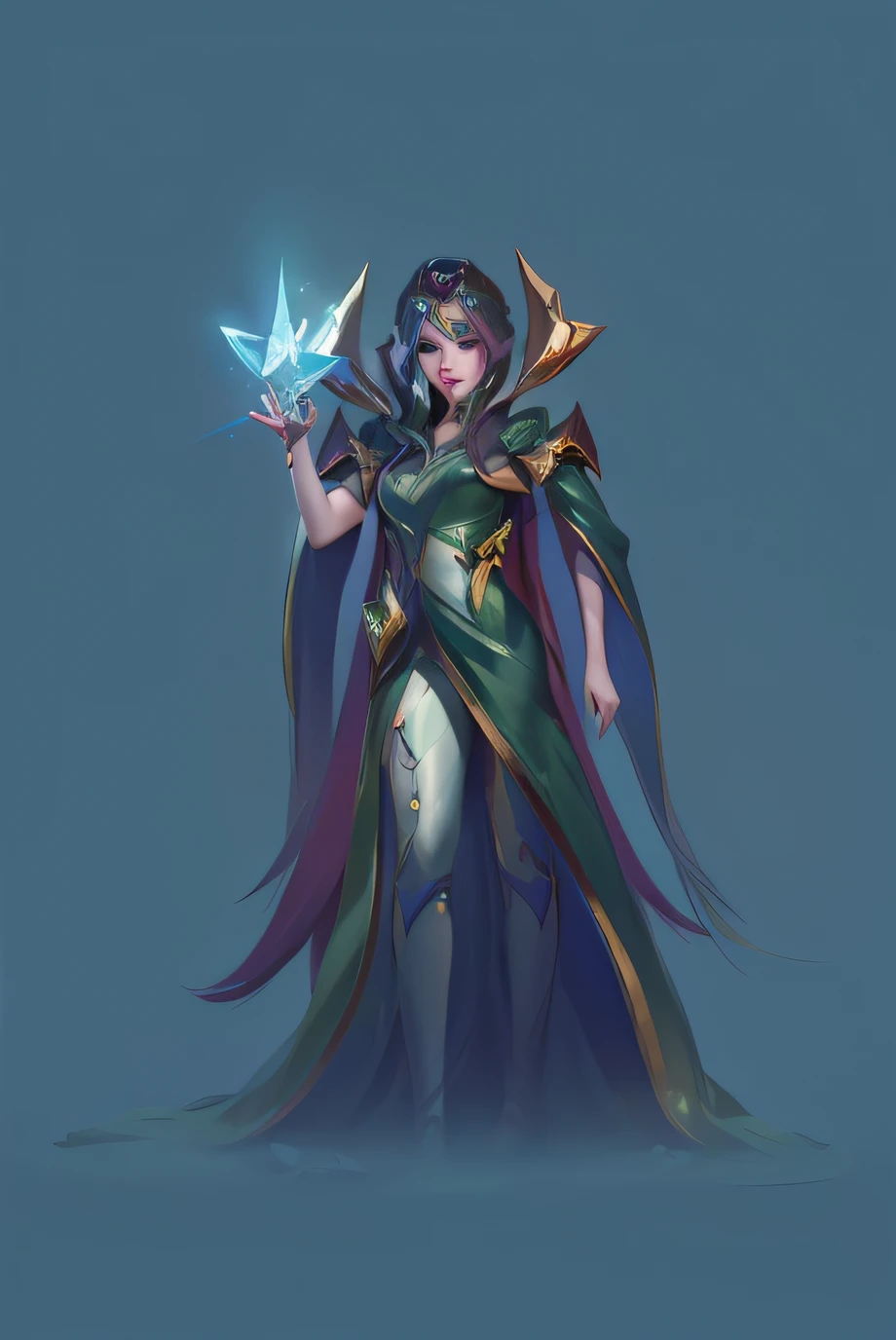 One in green and gold、Close up of woman holding crystal, Imperial sister,Hero fantasy character concept, Drawn in mysterious style, League of Legends style,League of Legends Blade of Ionia girl character,Aurora elements,the detail。