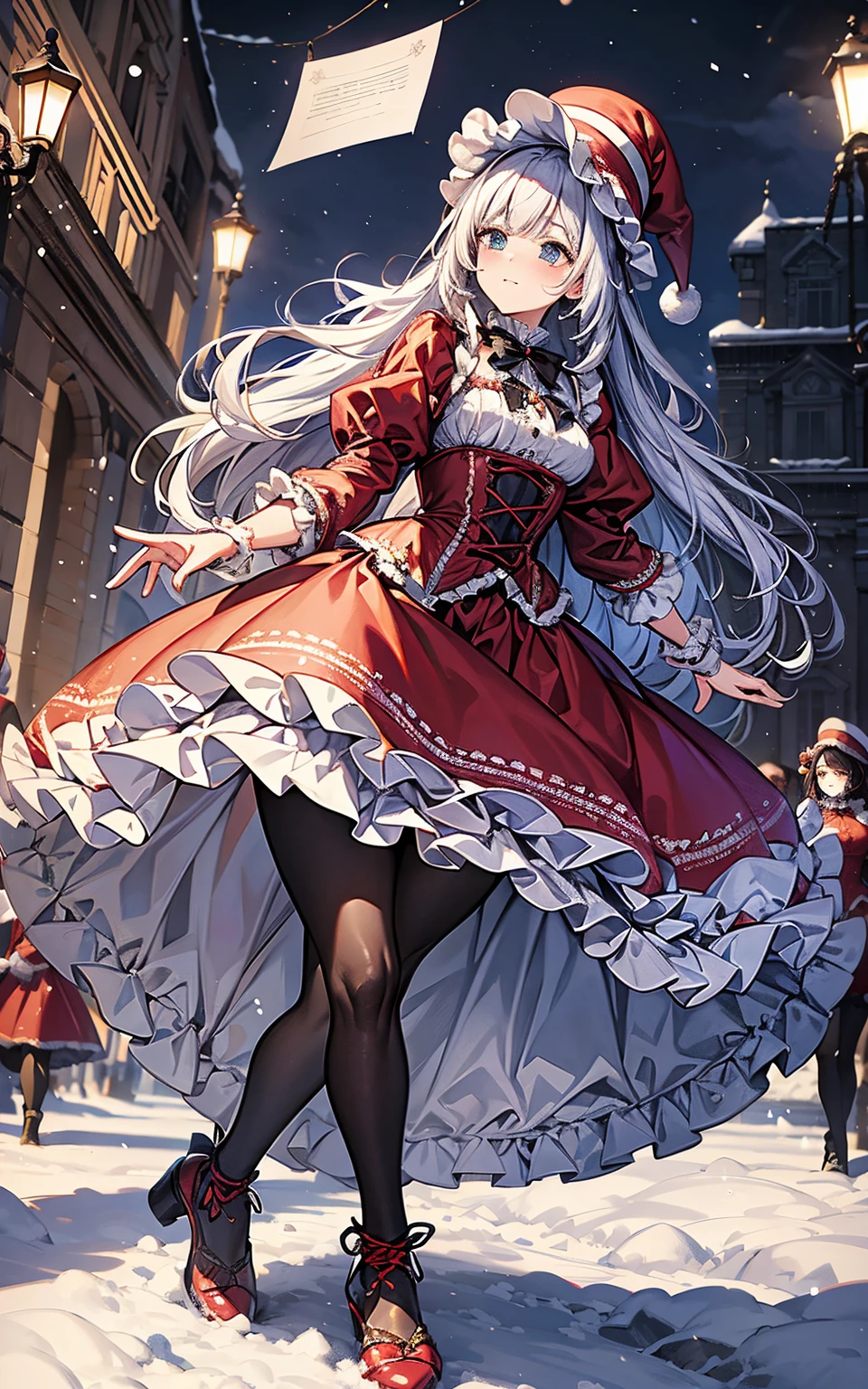 it with lots of frills..、victorian santa costume)))、Beautuful Women、dancing in the snowy city、long skirt、hair adornments、kirakira、tights、Crowds、large hat