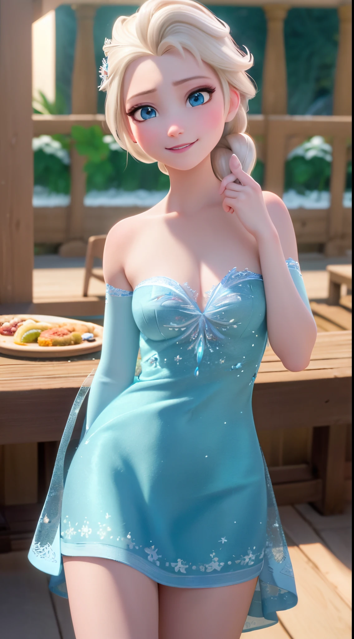 (Chef-dœudansre:1.4), (best quality:1.4), (High resolution:1.4), Elsa d'Arendelle, tresse simple, sourire, NATATION sous l'eau, bikini  avec dentelle, Regarder le spectateur, Captivant et attrayant, Cheveux blonds, ripped clothing,, un peu de neige dans le paysage,